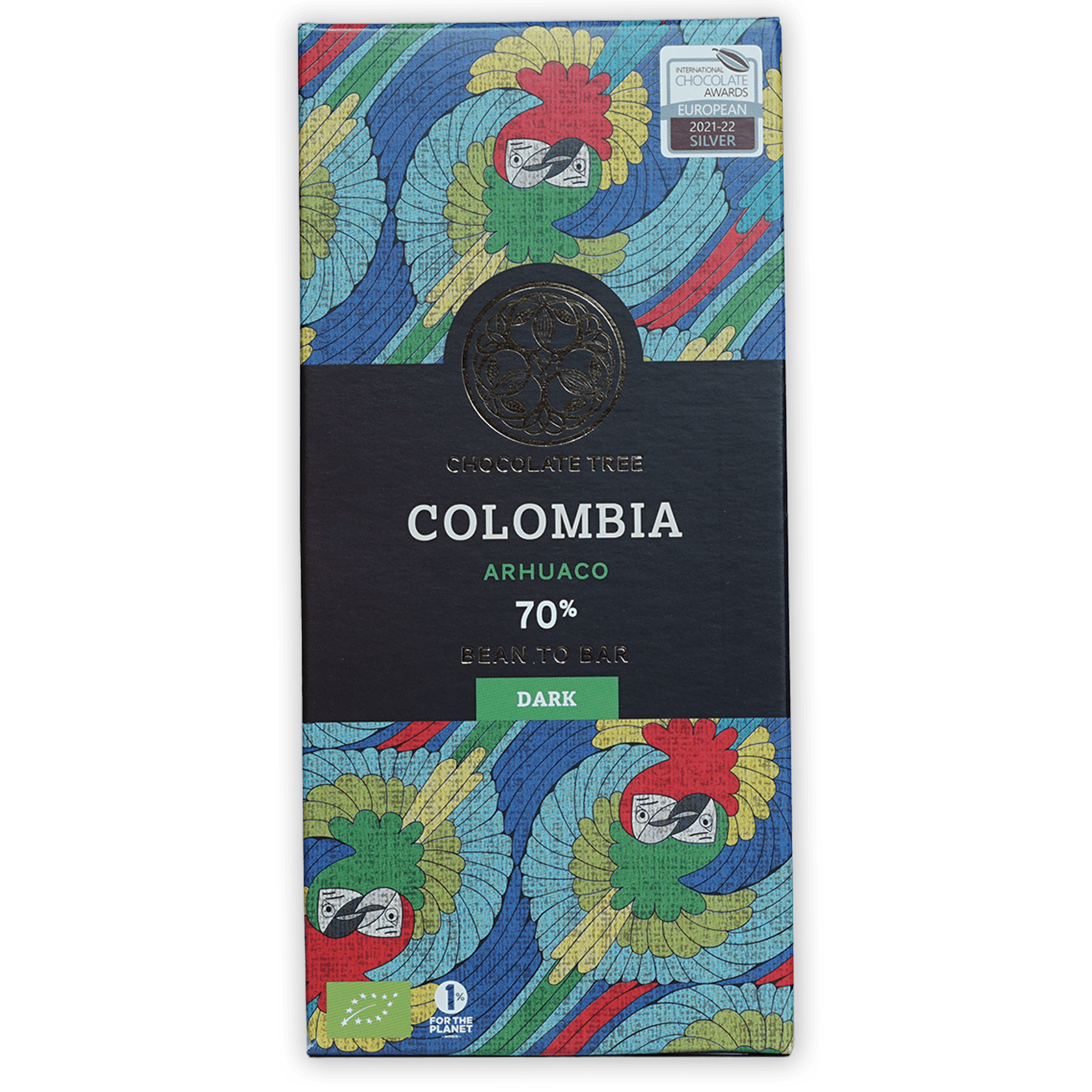 Chocolate Tree Colombia 70% dark bar wrapper with parrots in bundle