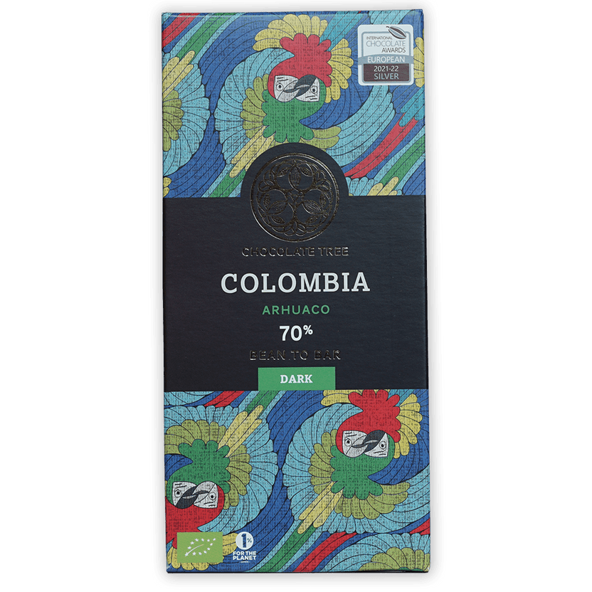 Chocolate Tree Colombia 70% dark bar wrapper with parrots in bundle