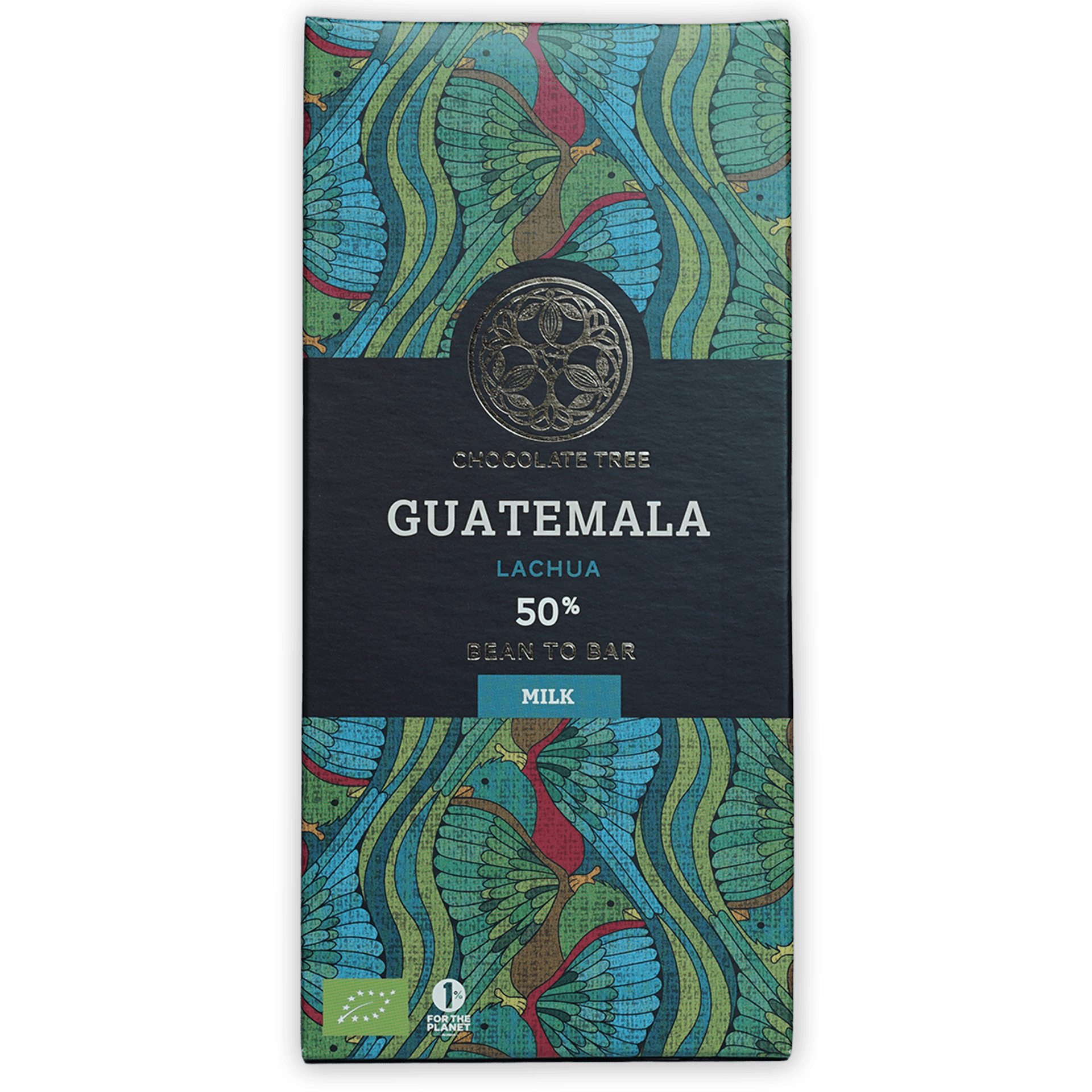 Chocolate Tree Guatemala Lachua 50% milk bar wrapper with teal birds