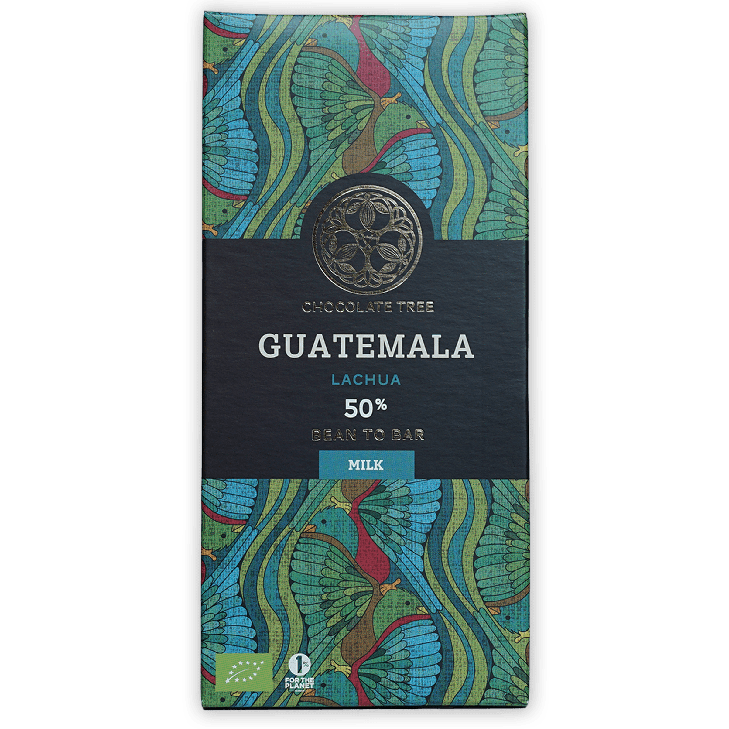 Chocolate Tree Guatemala Lachua 50% milk bar wrapper with teal birds