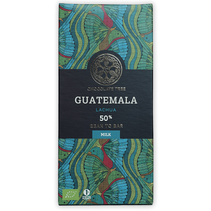 Chocolate Tree Guatemala Lachua 50% milk bar wrapper with teal birds