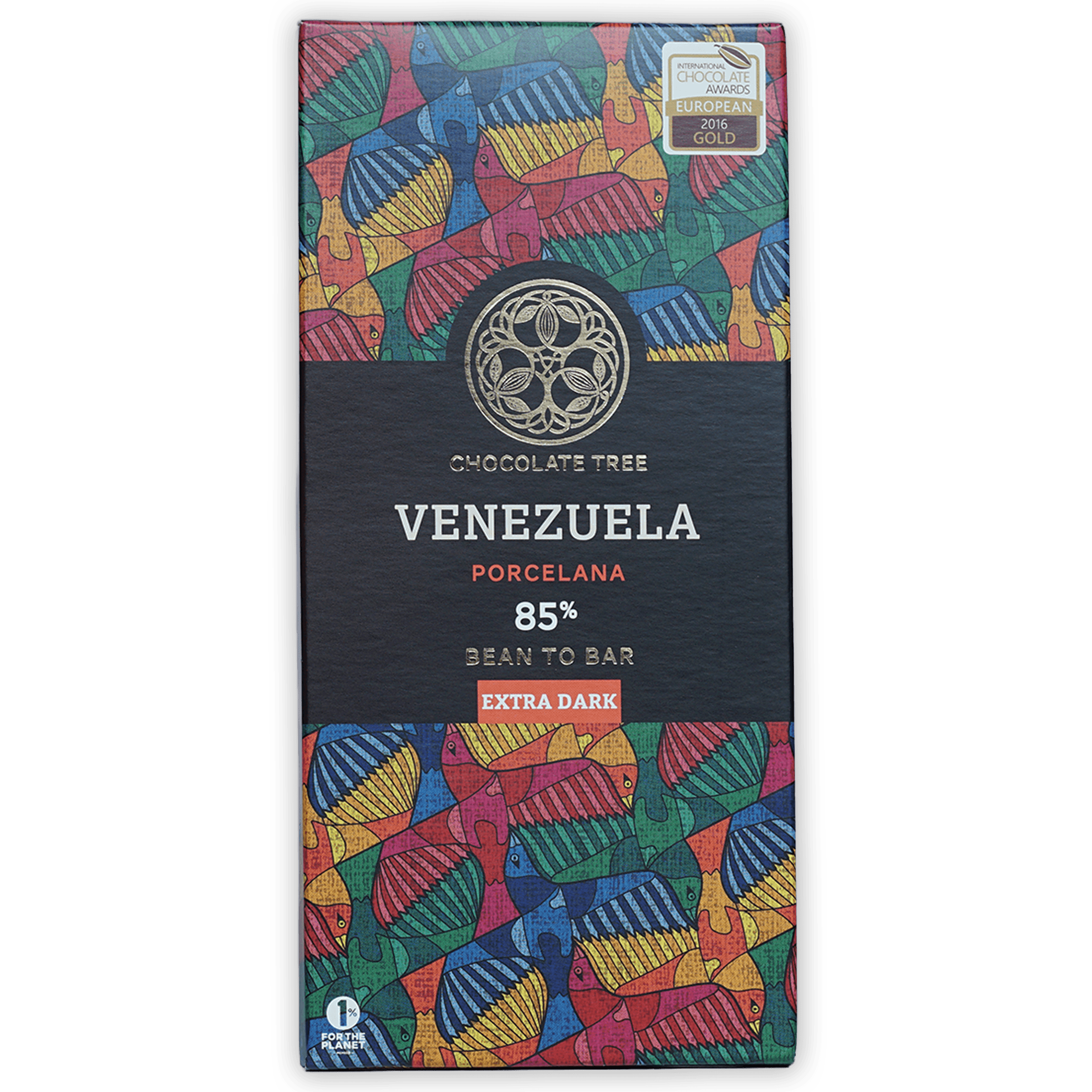 Chocolate Tree Venezuela Porcelana 85% extra dark bar wrapper with rainbow fish pattern