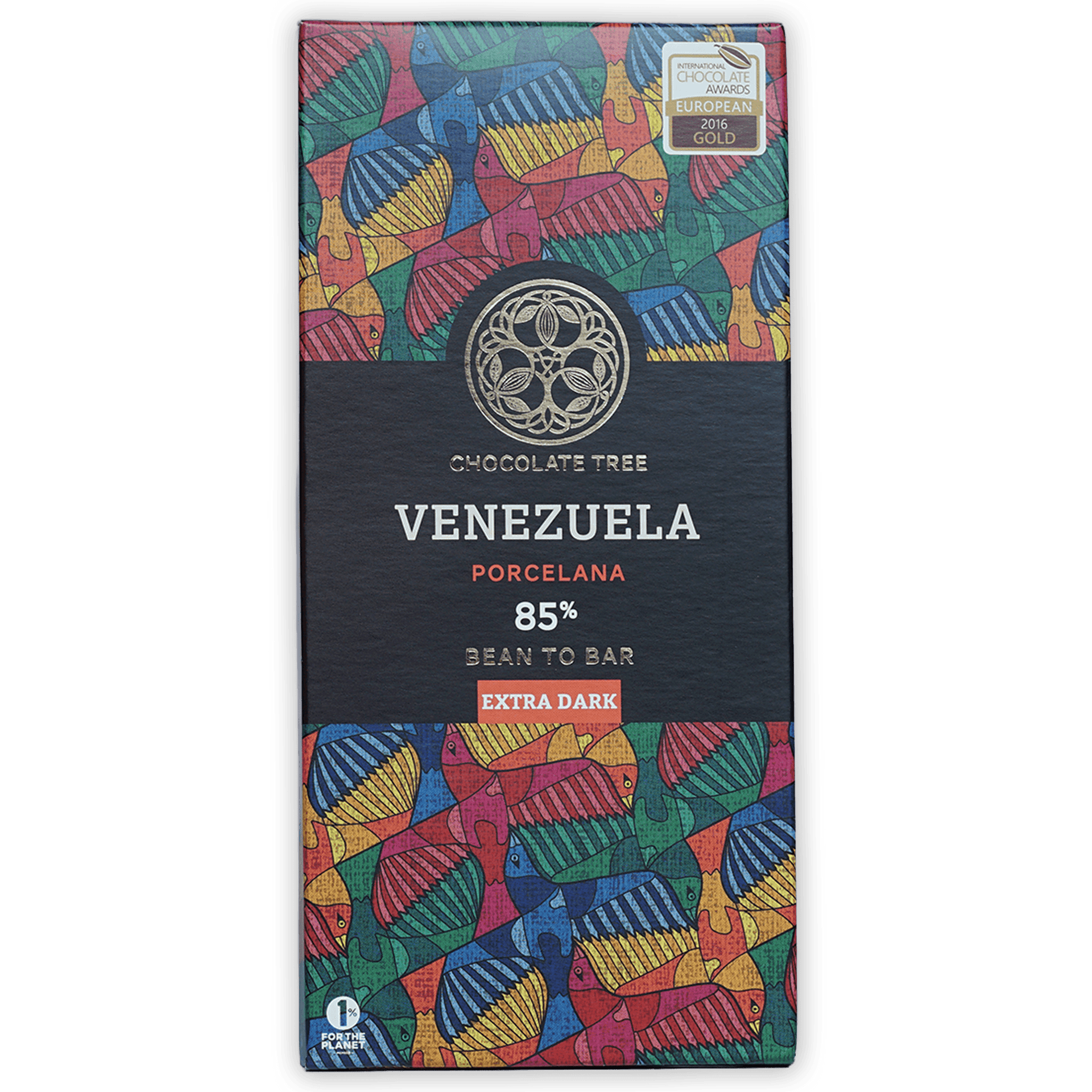 Chocolate Tree Venezuela Porcelana 85% extra dark bar wrapper with rainbow fish pattern