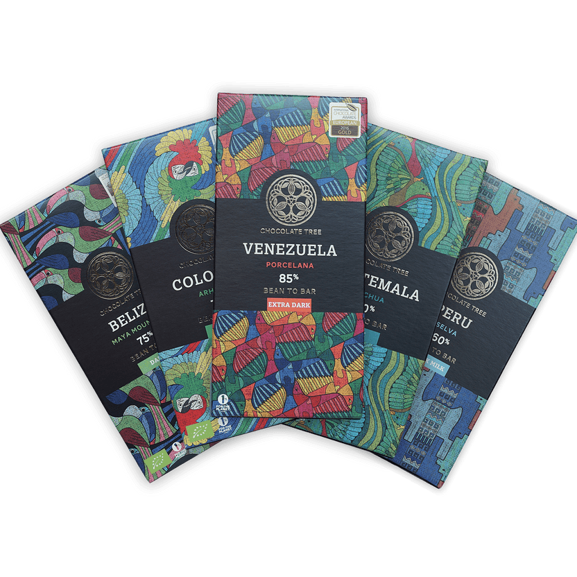 Chocolate Tree Venezuela 85% dark chocolate bar in bundle, colorful wrap