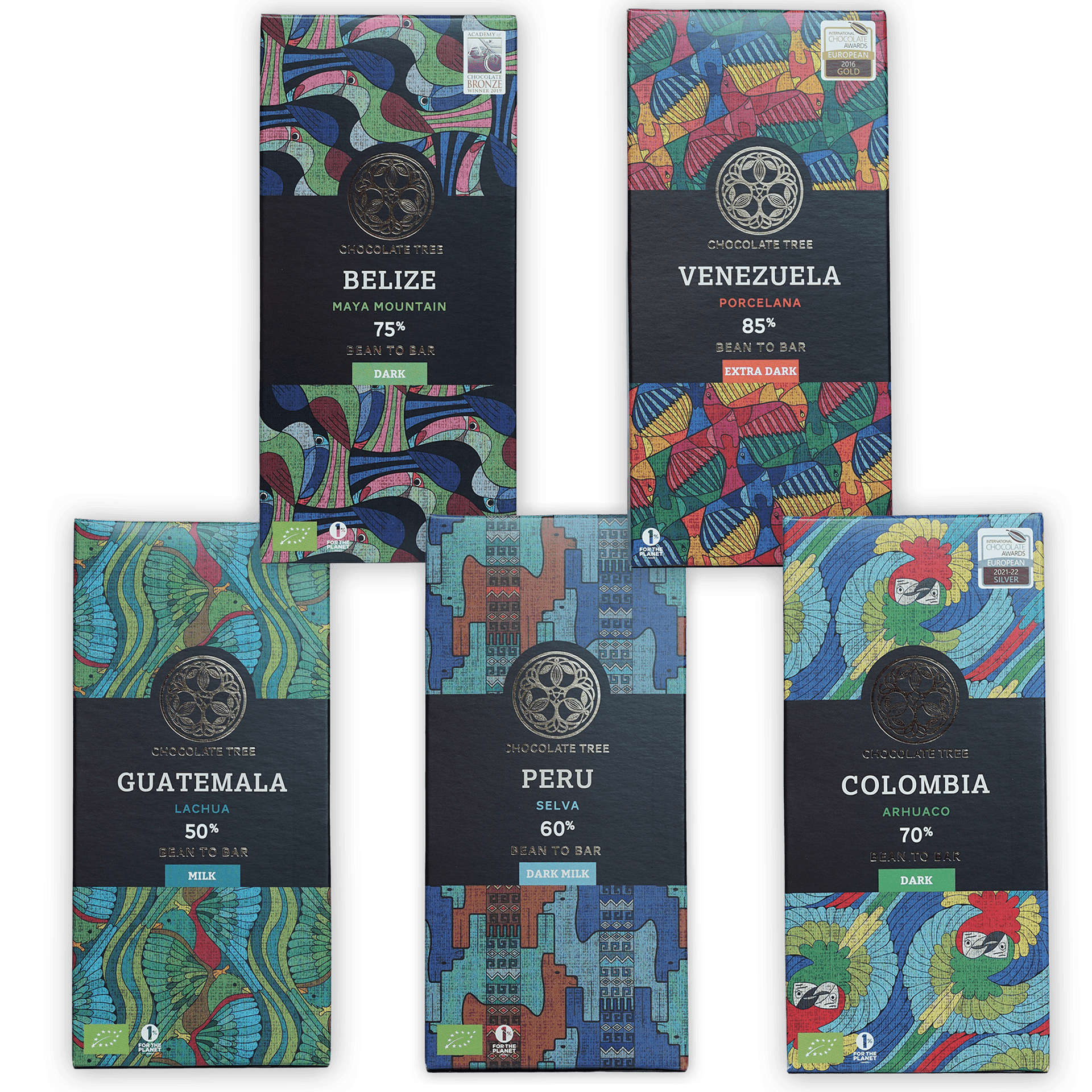 Chocolate Tree Single Origin Bars Bundle: 5 rectangular bars with colorful abstract art