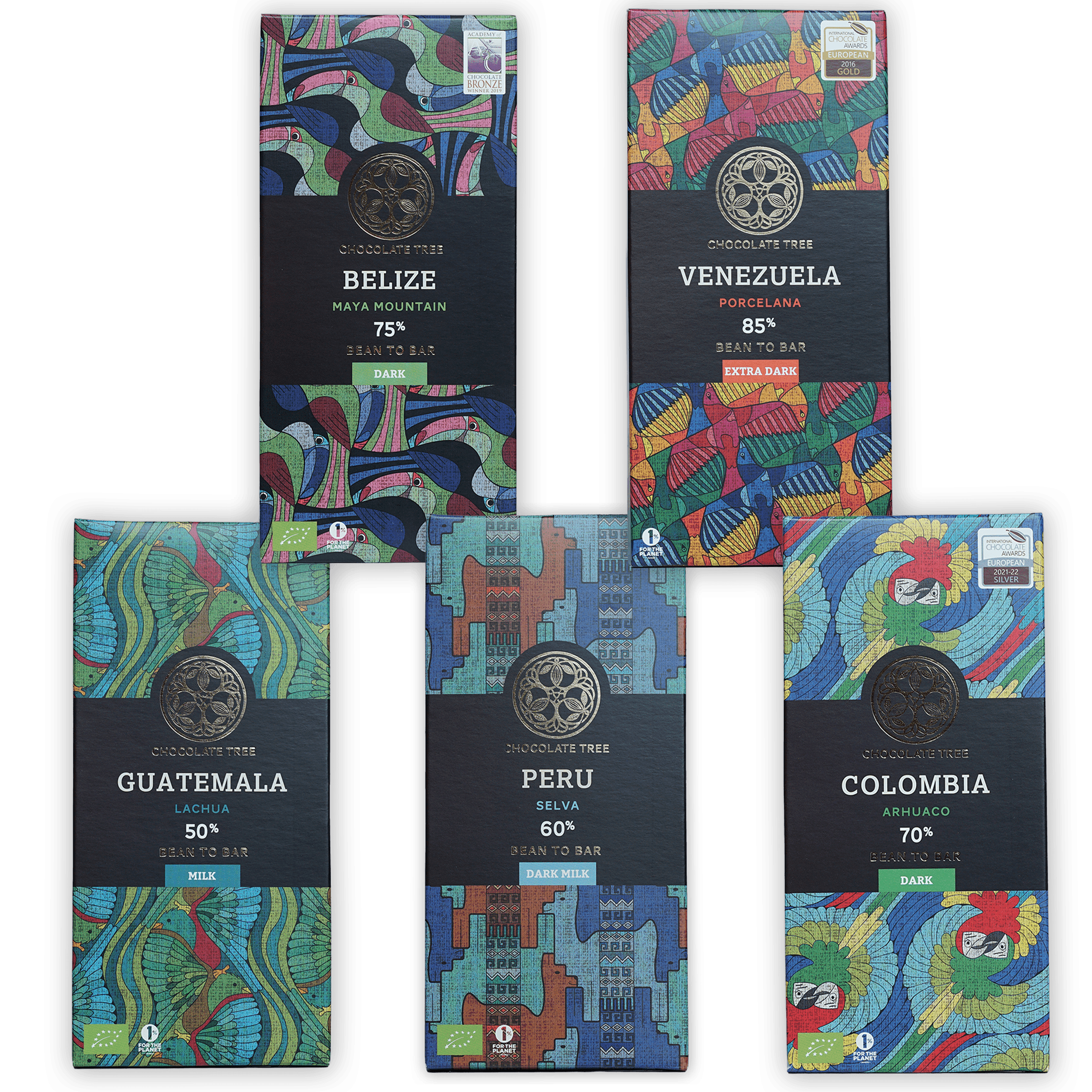 Chocolate Tree Single Origin Bars Bundle: 5 rectangular bars with colorful abstract art