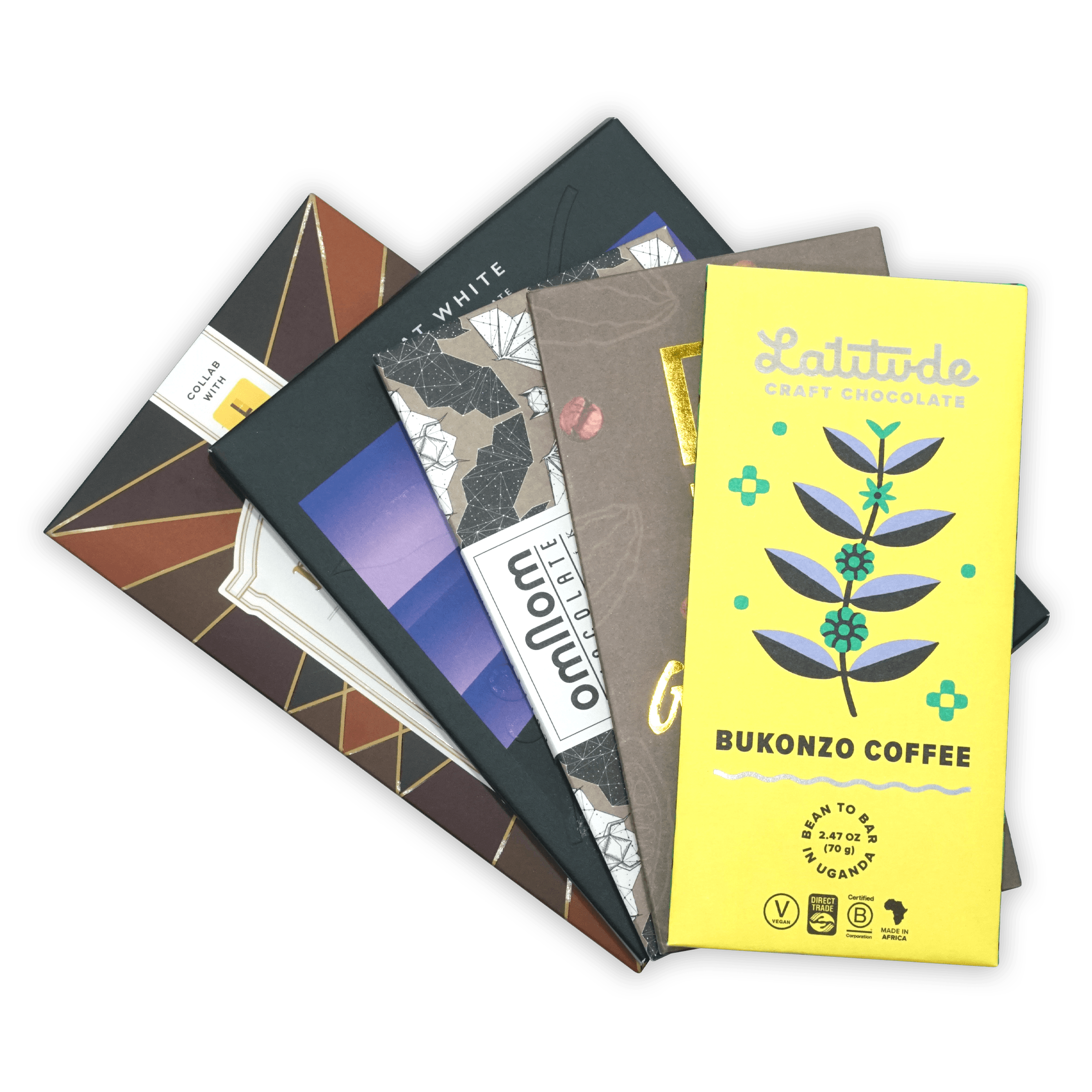 Bright yellow Latitude craft coffee chocolate bar with teal purple plant design