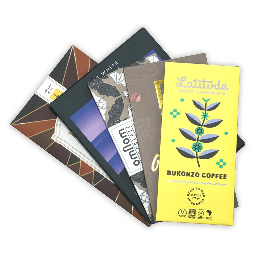 Bright yellow Latitude craft coffee chocolate bar with teal purple plant design