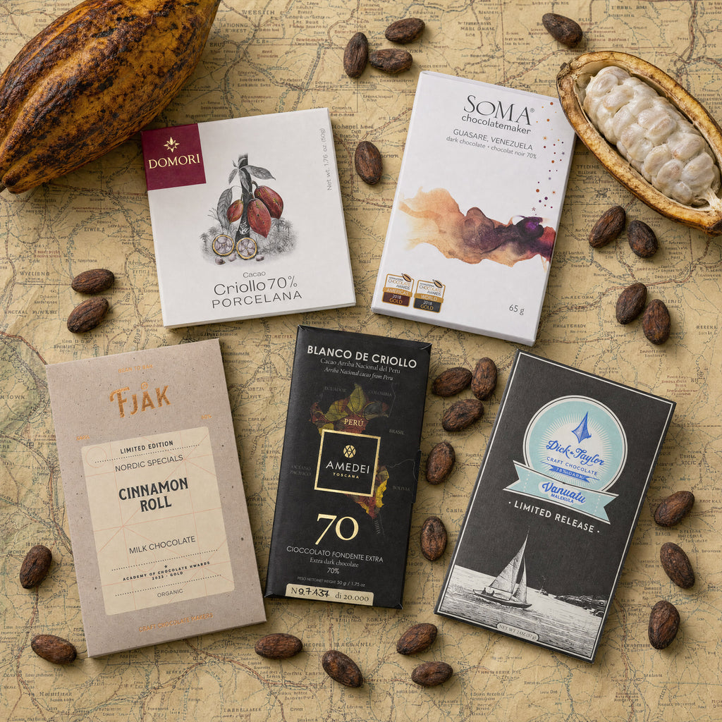 Collector's Flight chocolate gift bundle, five craft bars on a vintage map.