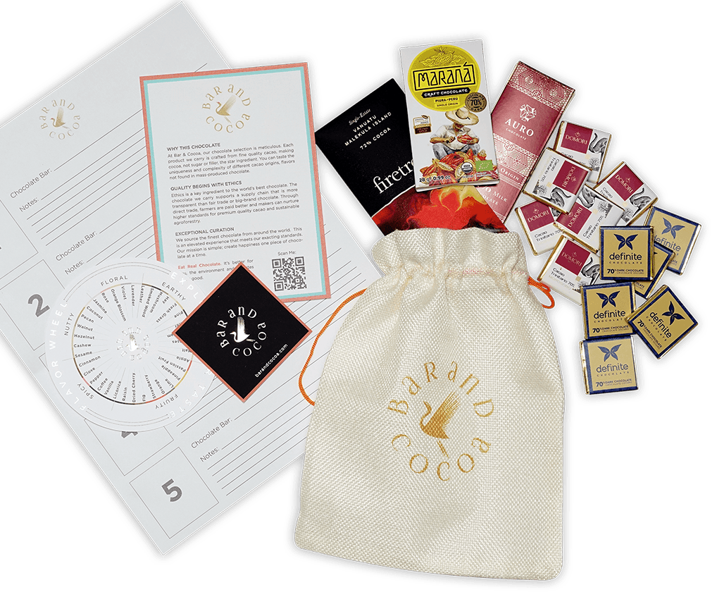 Cream drawstring bag with gold Bar and Cocoa logo for Corporate Chocolate Tasting Kit