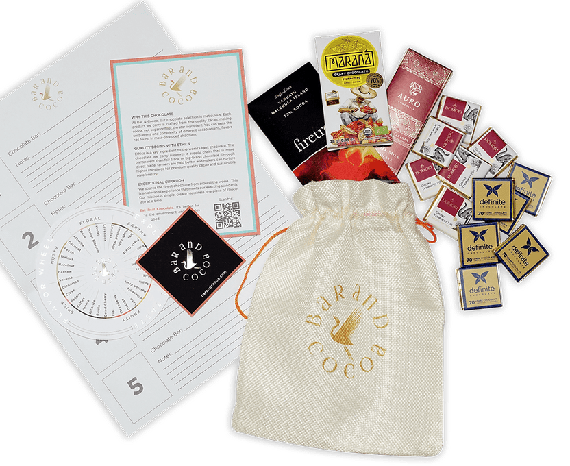 Cream drawstring bag with gold Bar and Cocoa logo for Corporate Chocolate Tasting Kit