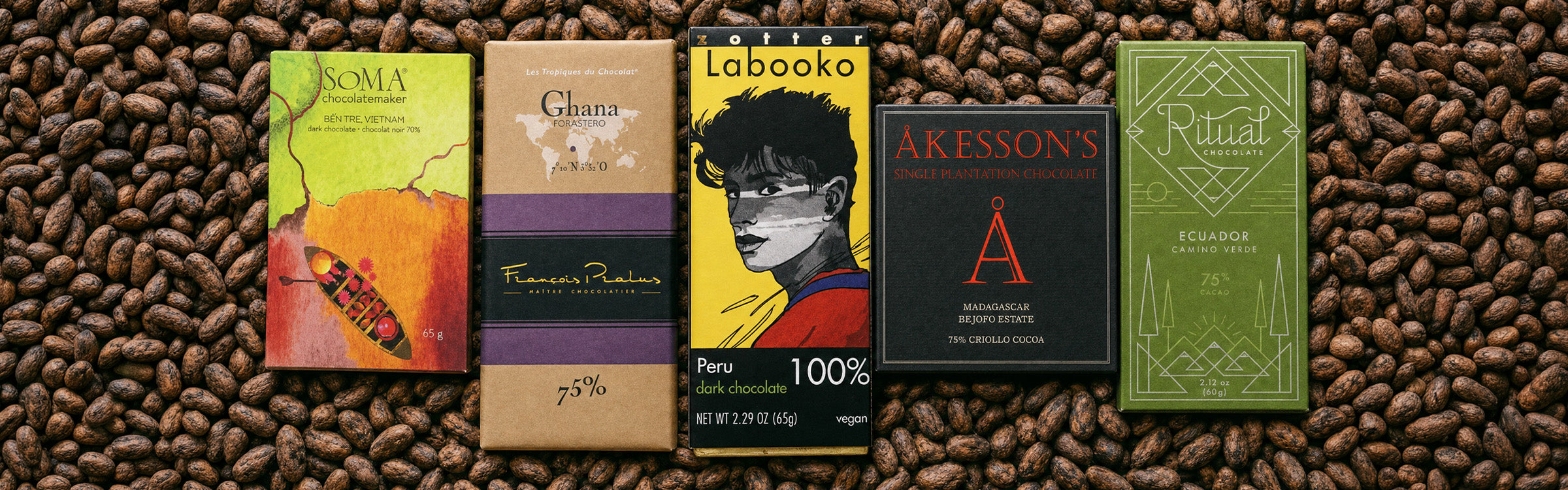 AI-generated illustration of five chocolate bars from different cacao-growing countries arranged on cacao beans