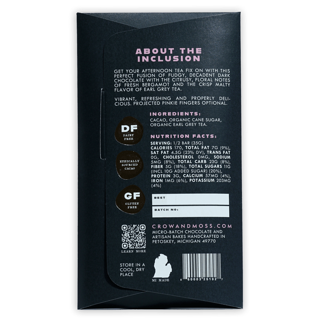 Black matte Crow & Moss Earl Grey Tea 67% dairy-free gluten-free chocolate bar