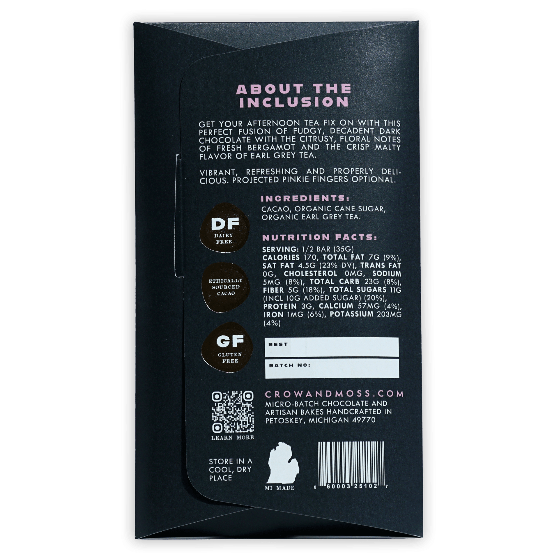 Black matte Crow & Moss Earl Grey Tea 67% dairy-free gluten-free chocolate bar