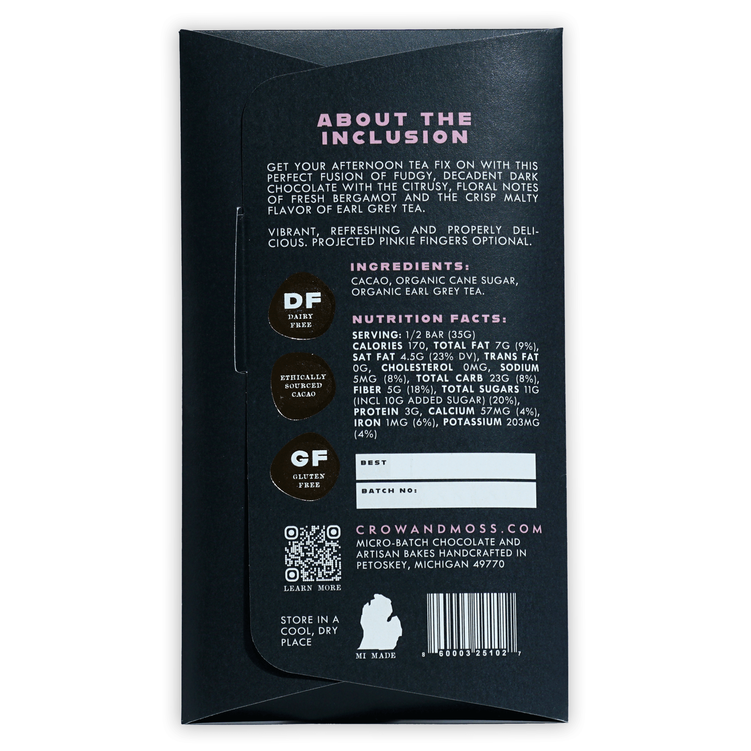Black matte Crow & Moss Earl Grey Tea 67% dairy-free gluten-free chocolate bar