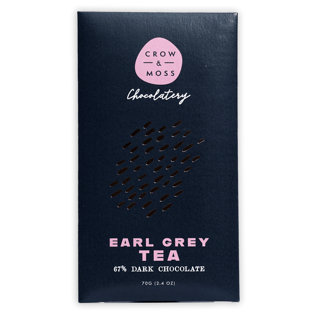 Crow & Moss Earl Grey Tea 67% navy blue wrapper with pink logo