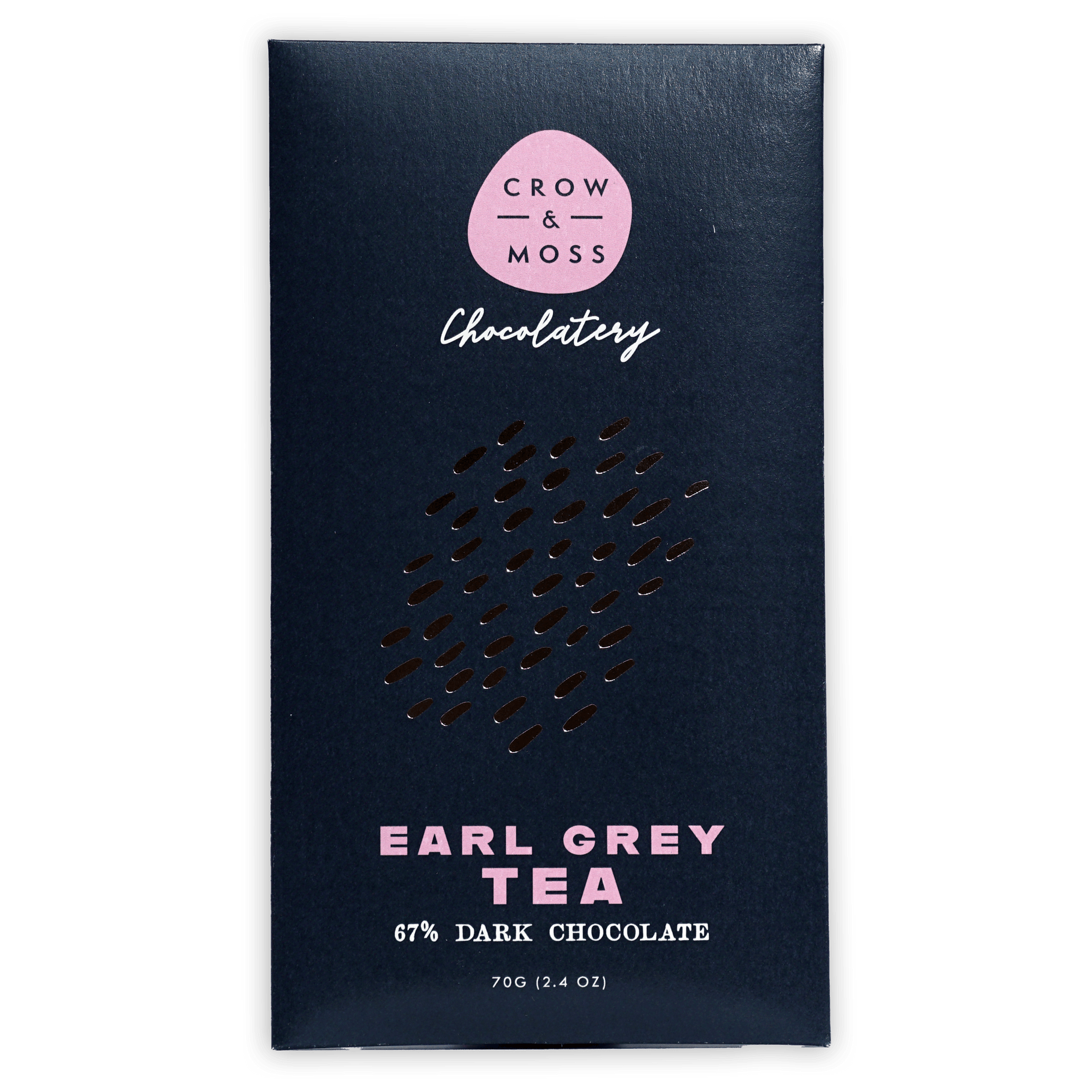 Crow & Moss Earl Grey Tea 67% navy blue wrapper with pink logo