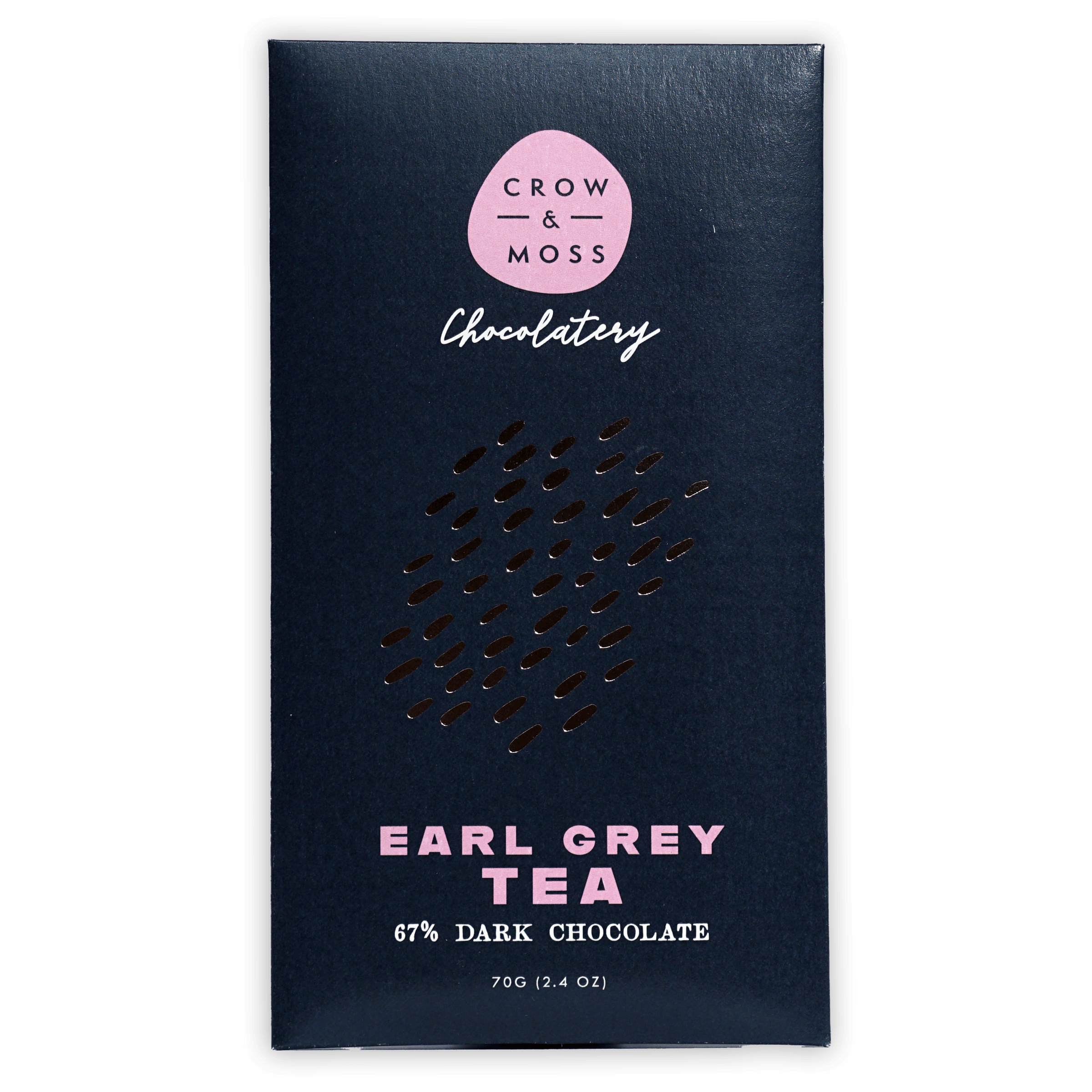 Crow & Moss Earl Grey Tea 67% navy blue wrapper with pink logo