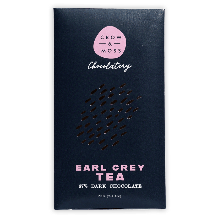 Crow & Moss Earl Grey Tea 67% navy blue wrapper with pink logo