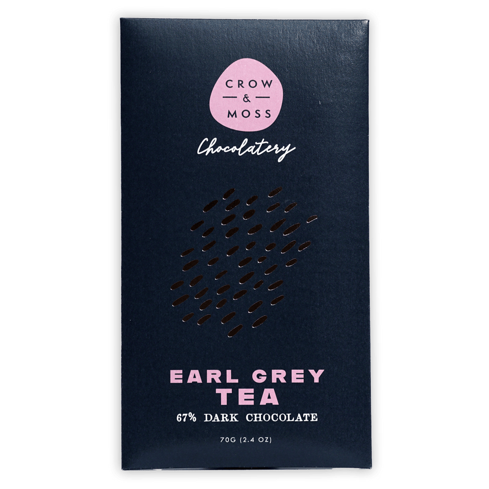 Crow & Moss Earl Grey Tea 67% navy blue wrapper with pink logo