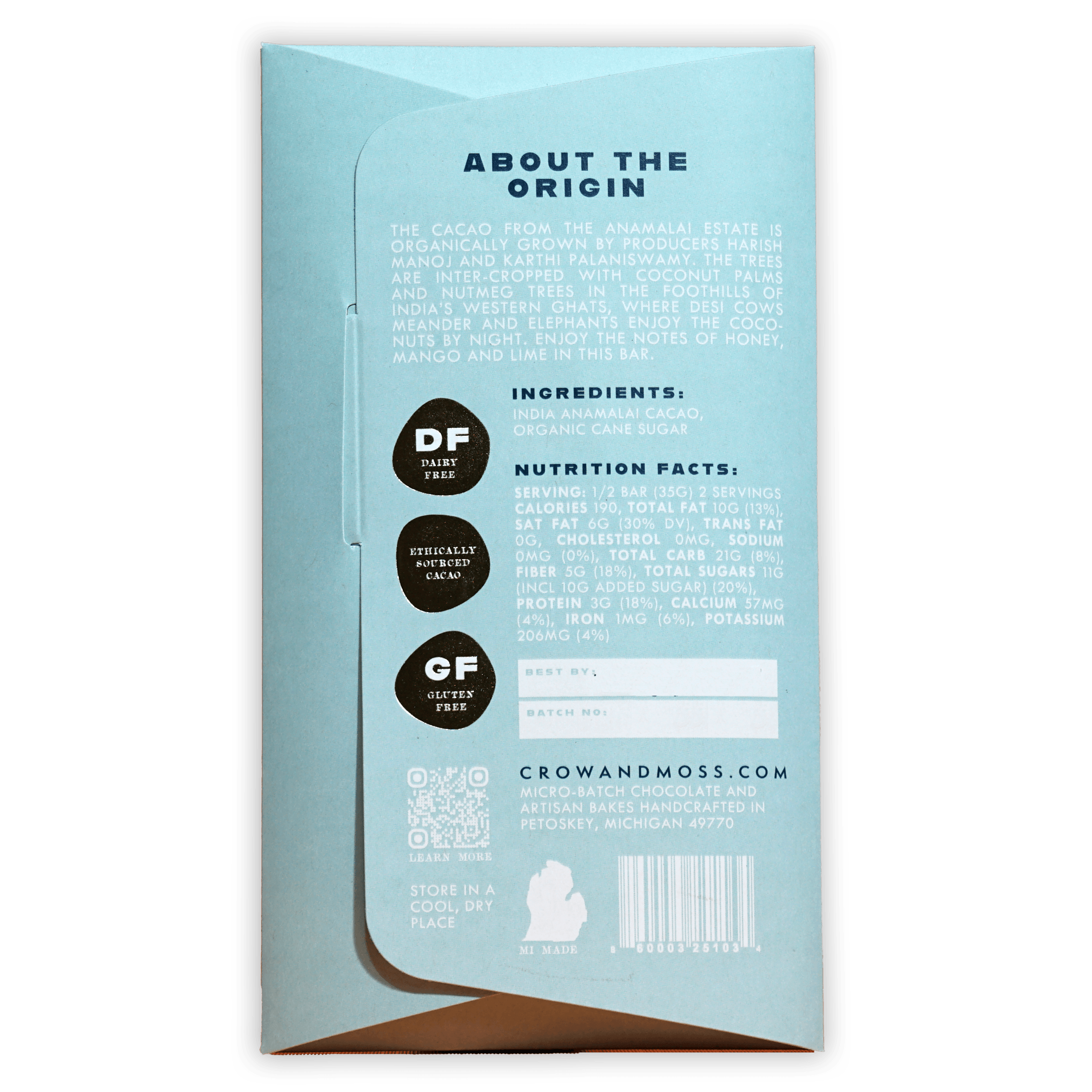Crow & Moss India Anamalai 70% light blue dairy-free gluten-free wrapper