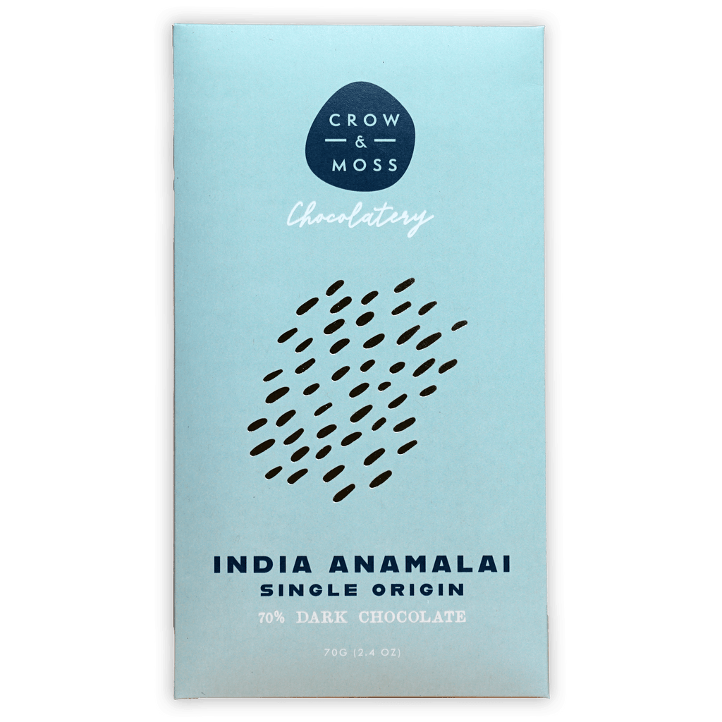Crow & Moss India Anamalai 70% dark chocolate bar light blue wrapper