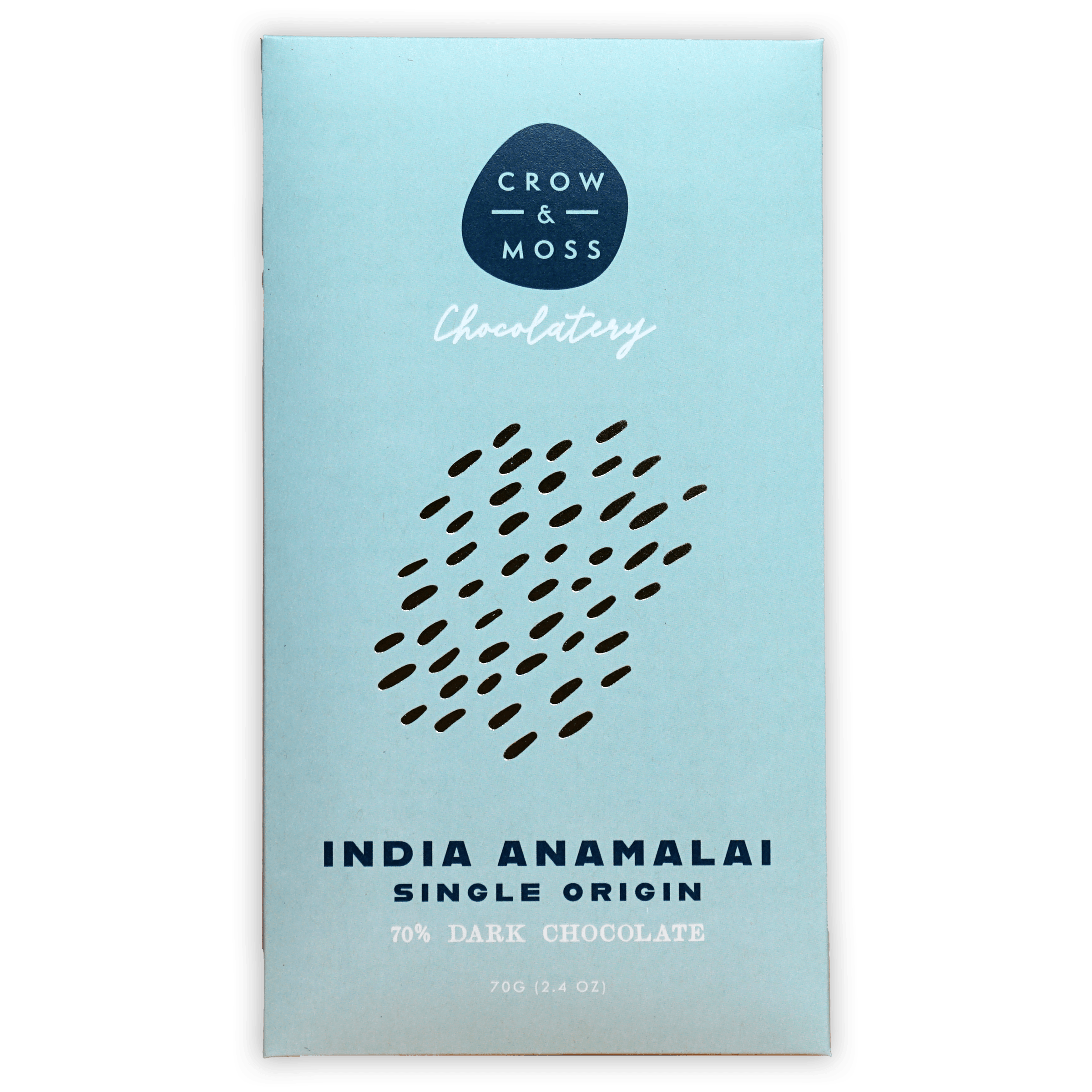 Crow & Moss India Anamalai 70% dark chocolate bar light blue wrapper