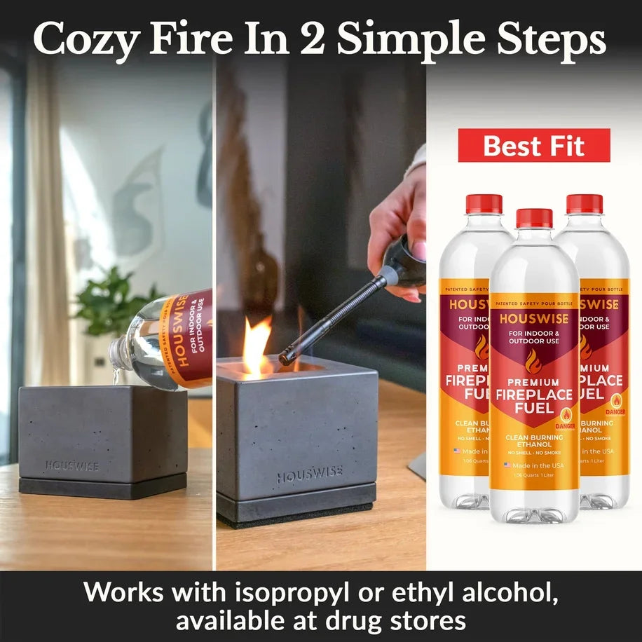 Gray concrete house fireplace fuel bottle with red cap in Gourmet S’mores Kit