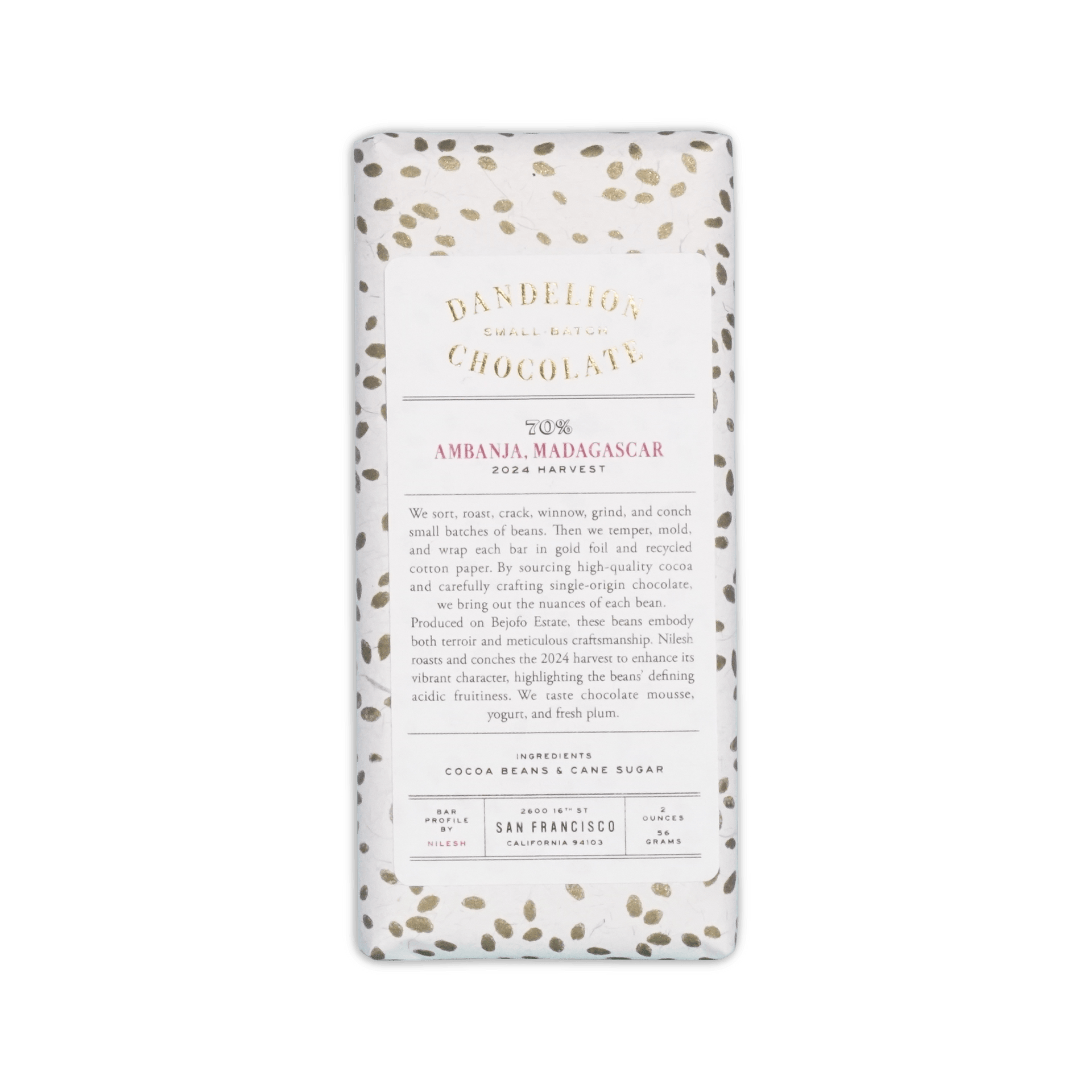 Dandelion Chocolate bar in white cotton paper with gold speckles, label reading 70% Ambanja Madagascar 2024 Harvest