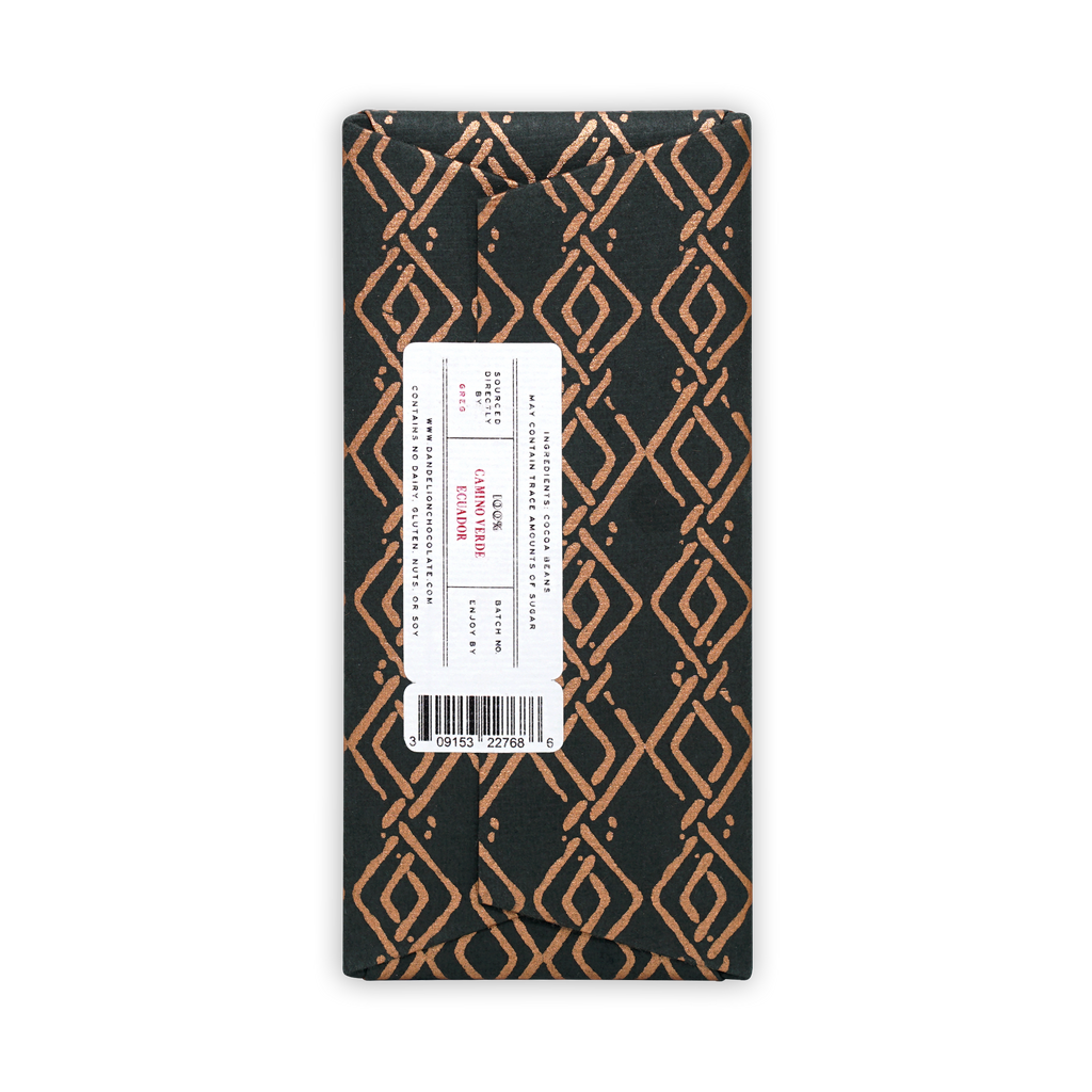 Dark green Dandelion Camino Verde Ecuador 100% chocolate bar in gold geometric paper