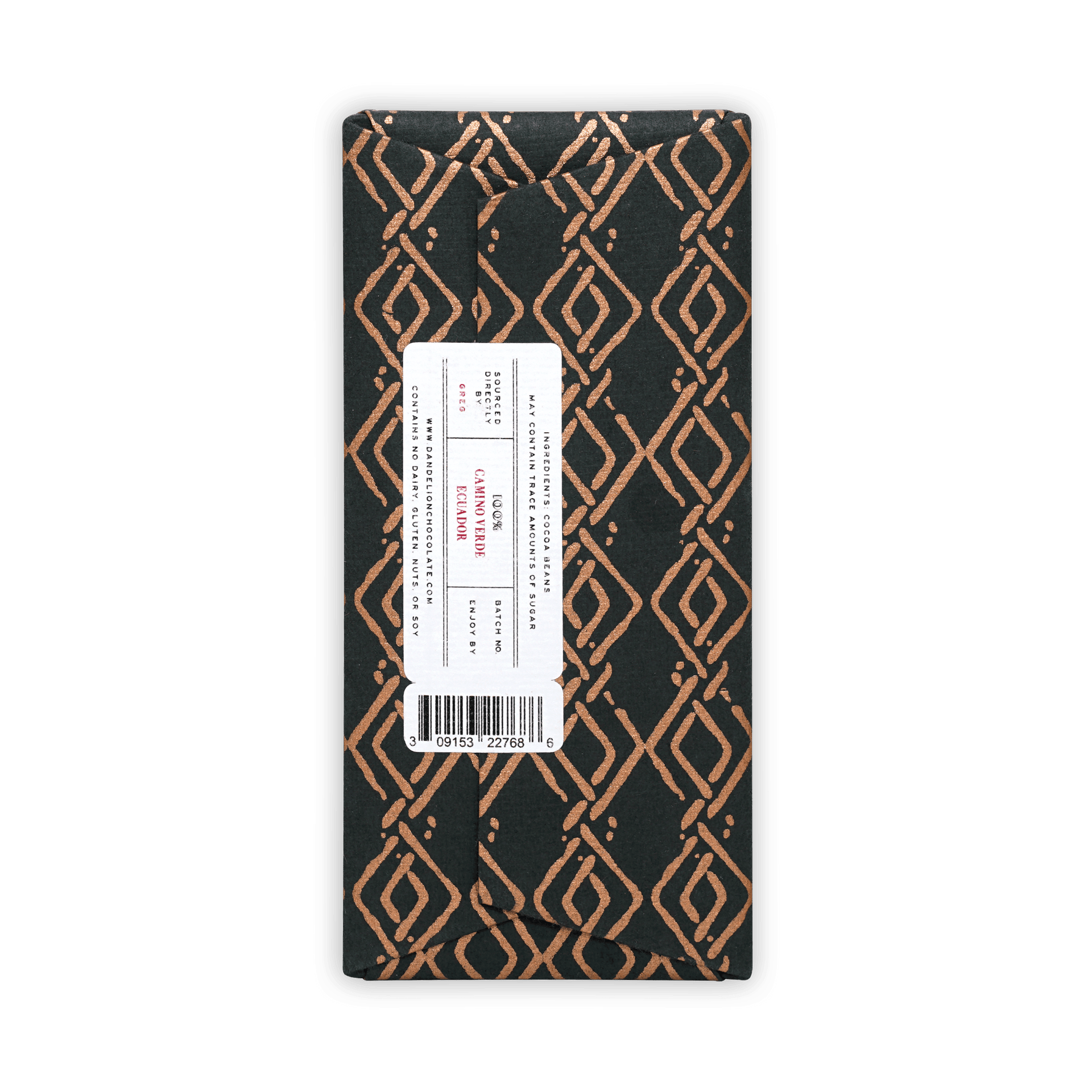 Dark green Dandelion Camino Verde Ecuador 100% chocolate bar in gold geometric paper