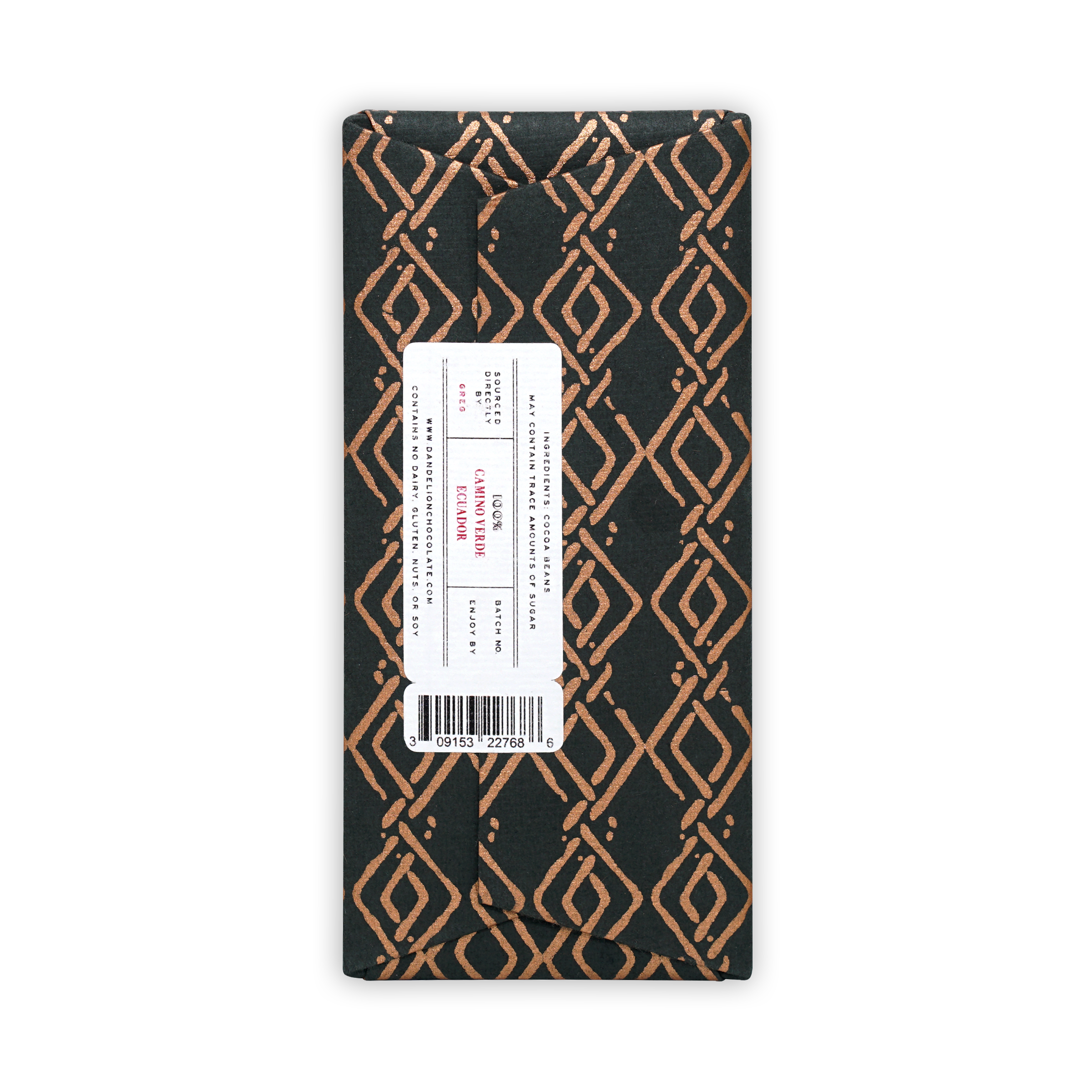 Dark green Dandelion Camino Verde Ecuador 100% chocolate bar in gold geometric paper