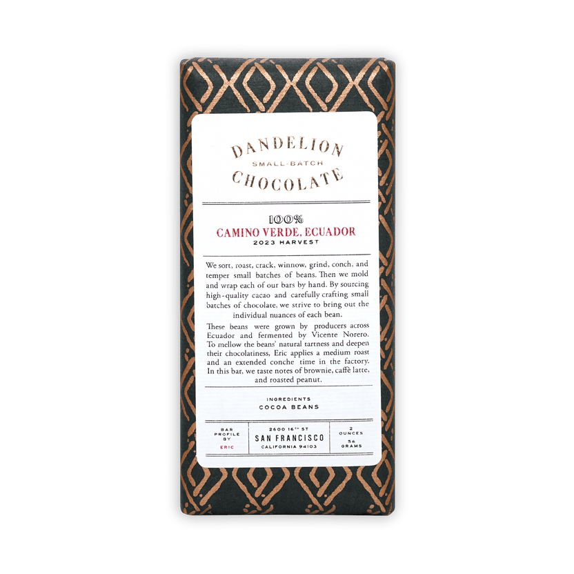 Dandelion Chocolate Camino Verde Ecuador 100% bar wrapper