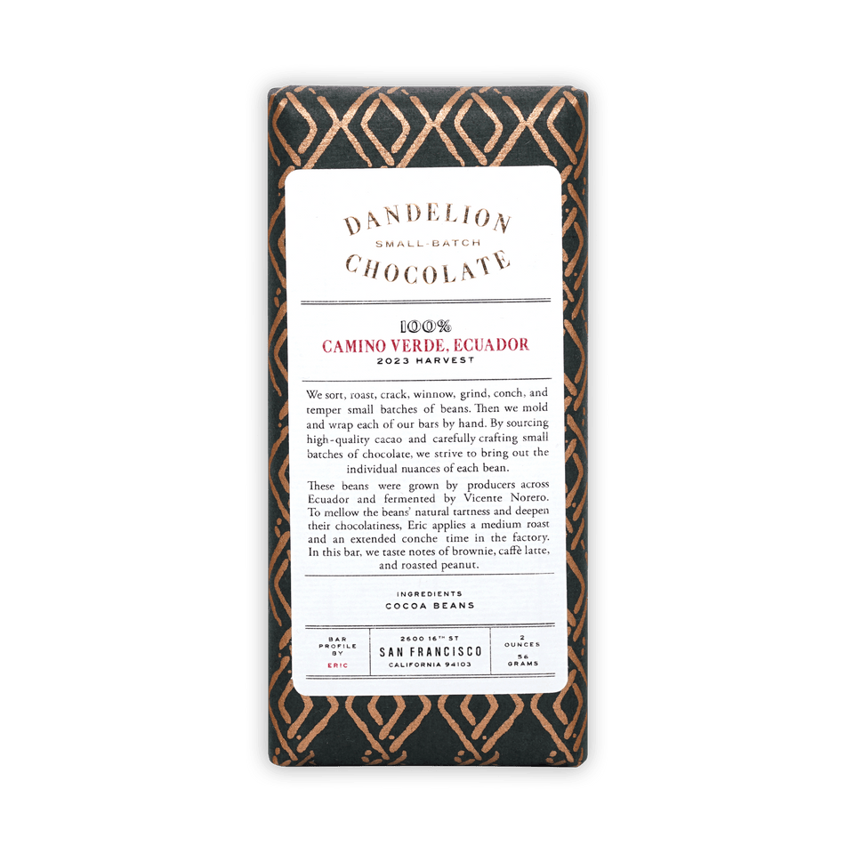 Dandelion Chocolate Camino Verde Ecuador 100% bar wrapper
