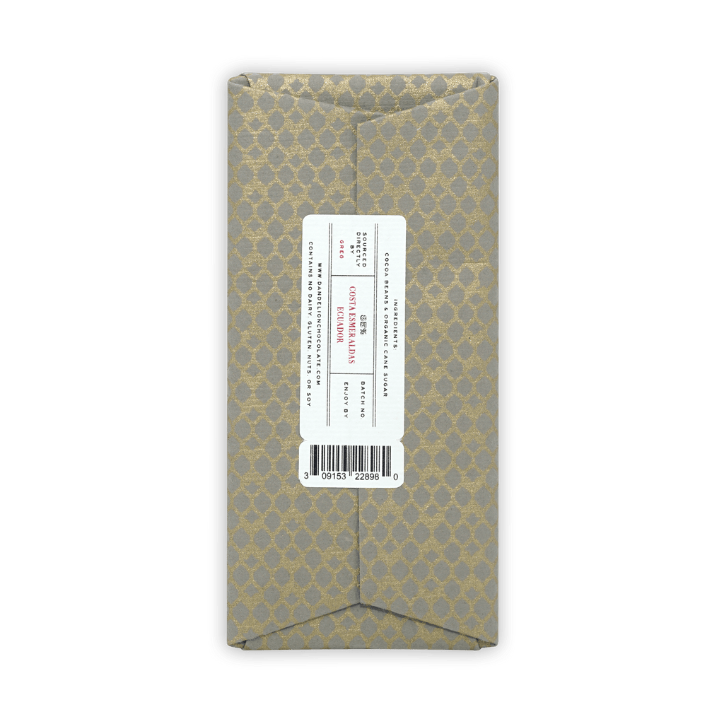 Dandelion Costa Esmeraldas Ecuador 85% gold-patterned chocolate bar wrapper
