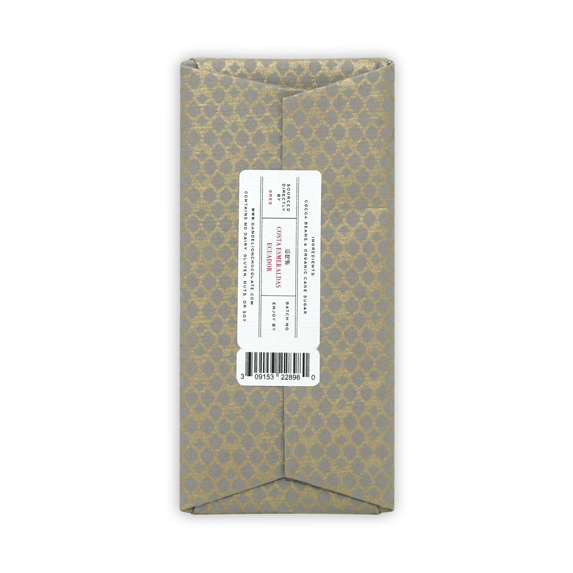 Dandelion Costa Esmeraldas Ecuador 85% gold-patterned chocolate bar wrapper