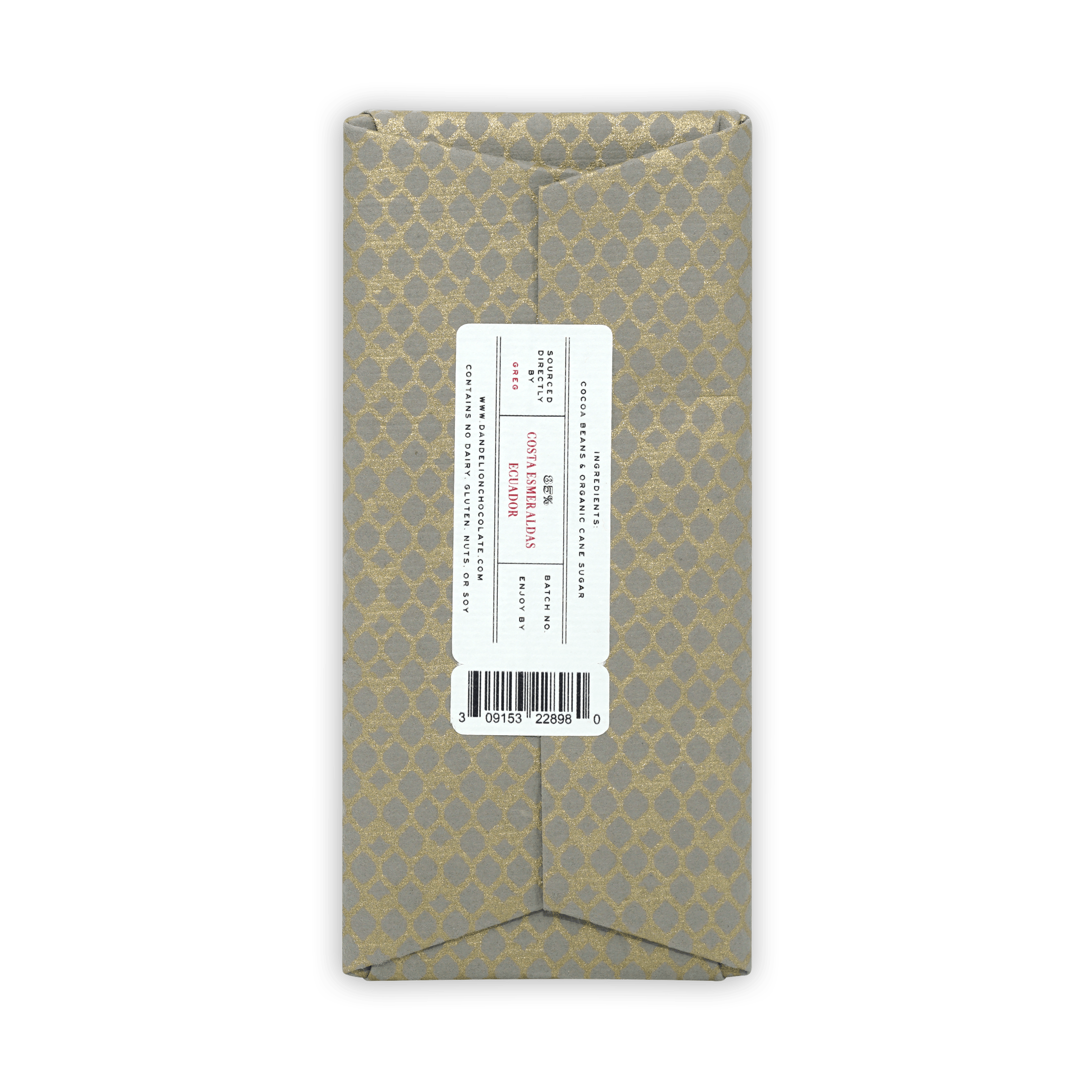 Dandelion Costa Esmeraldas Ecuador 85% gold-patterned chocolate bar wrapper