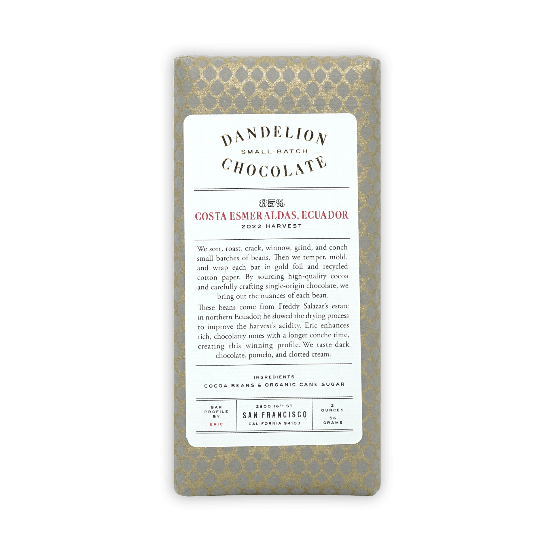 Dandelion Costa Esmeraldas Ecuador 85% chocolate bar in gold foil