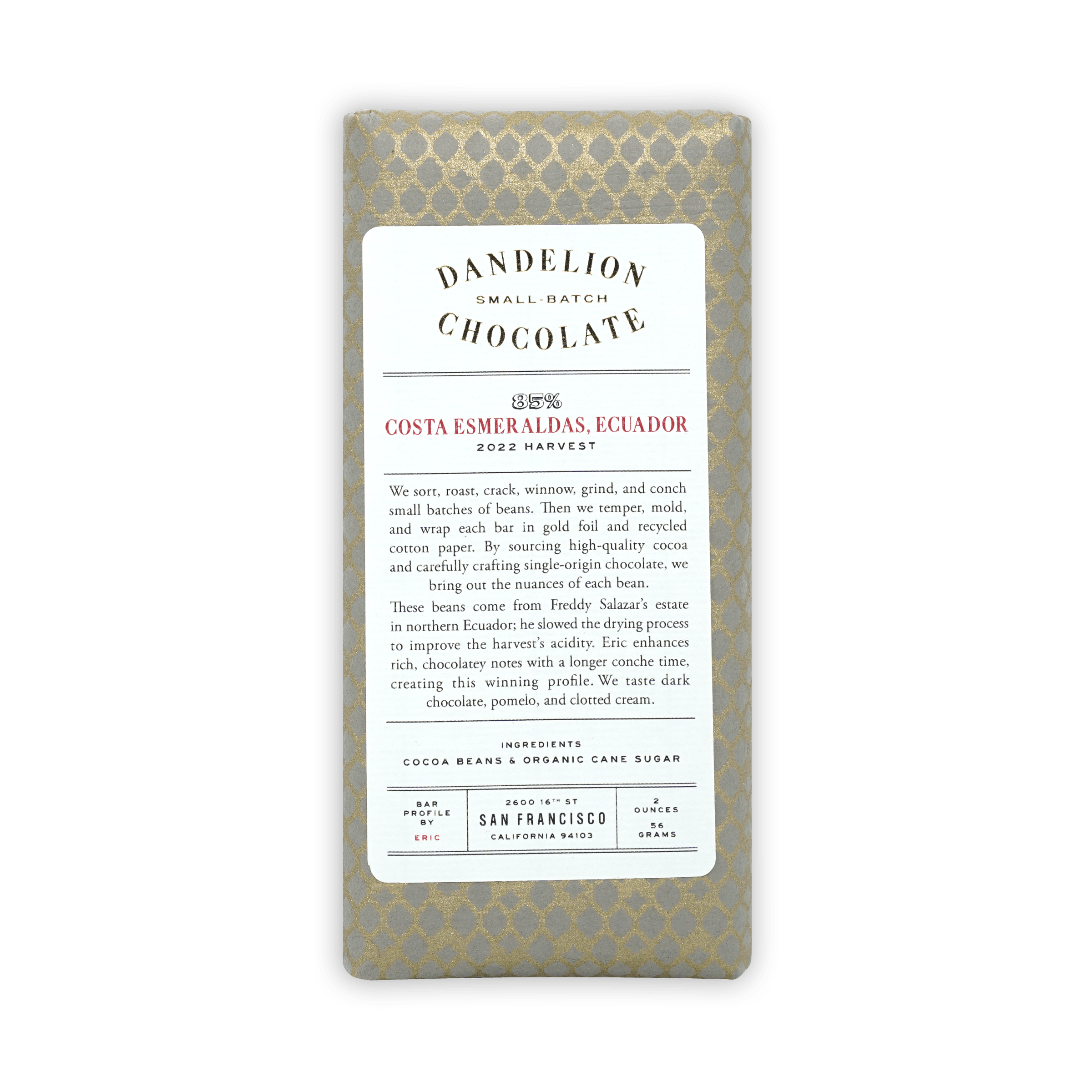Dandelion Costa Esmeraldas Ecuador 85% chocolate bar in gold foil