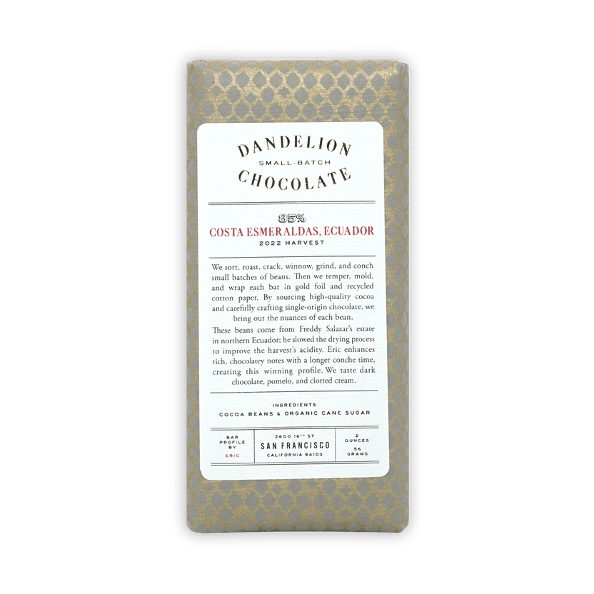 Dandelion Costa Esmeraldas Ecuador 85% chocolate bar in gold foil
