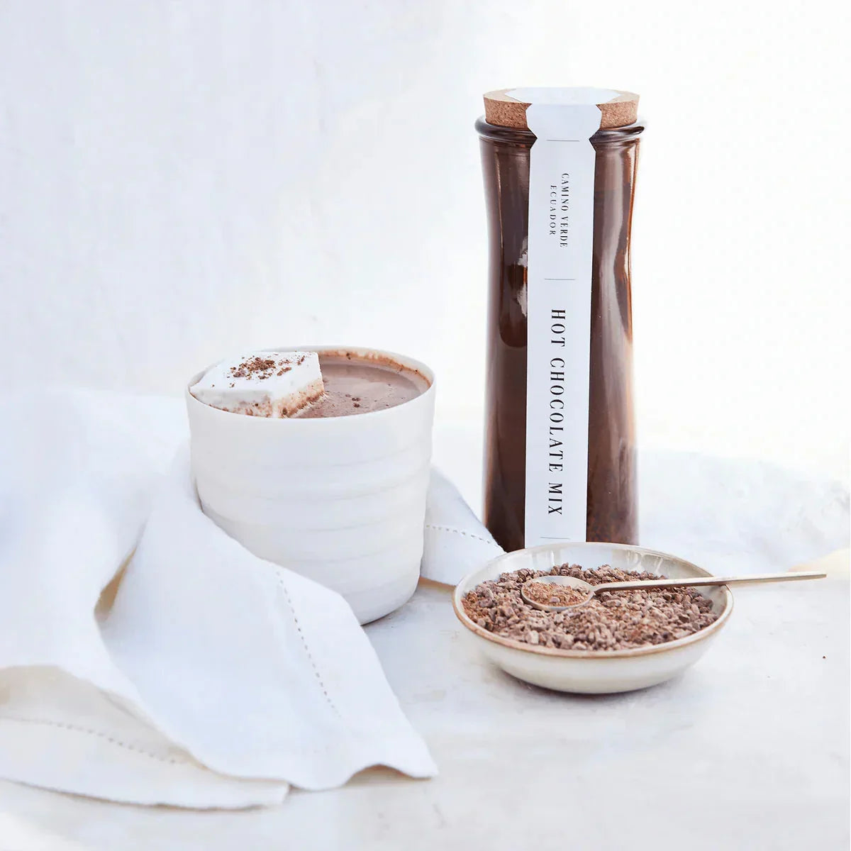Dandelion House 70% hot chocolate mix jar with cork and mug