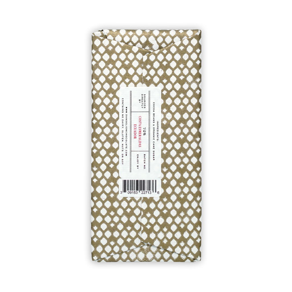 Dandelion Costa Esmeraldas Ecuador 70% chocolate bar in gold white geometric wrap
