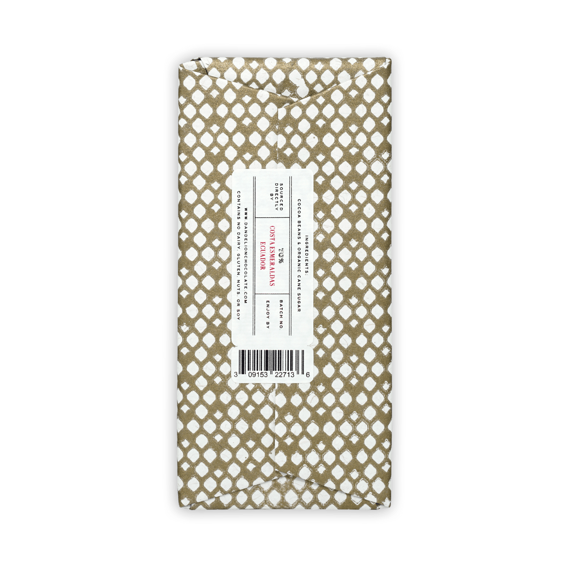 Dandelion Costa Esmeraldas Ecuador 70% chocolate bar in gold white geometric wrap