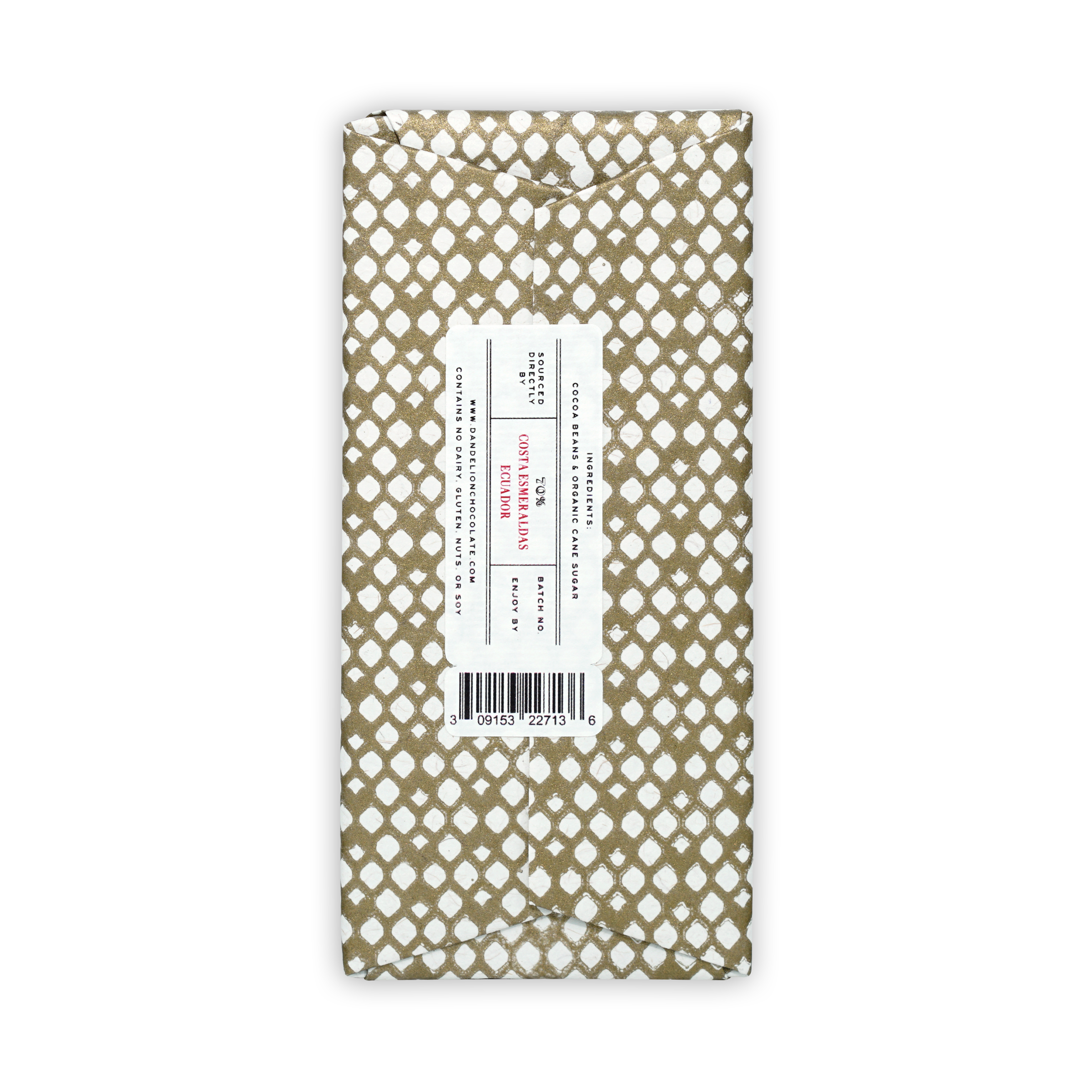 Dandelion Costa Esmeraldas Ecuador 70% chocolate bar in gold white geometric wrap