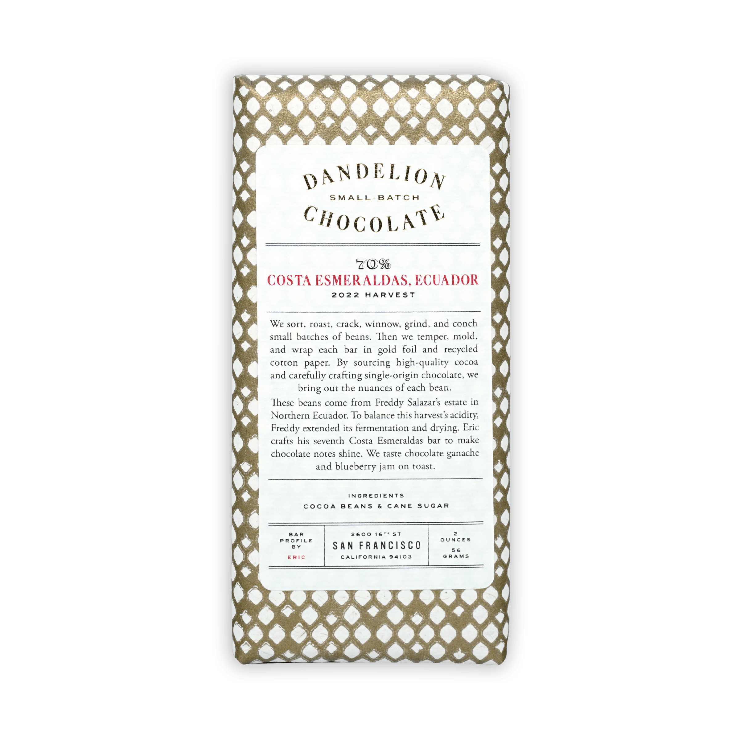 Dandelion Costa Esmeraldas Ecuador 70% chocolate bar wrapped in gold paper