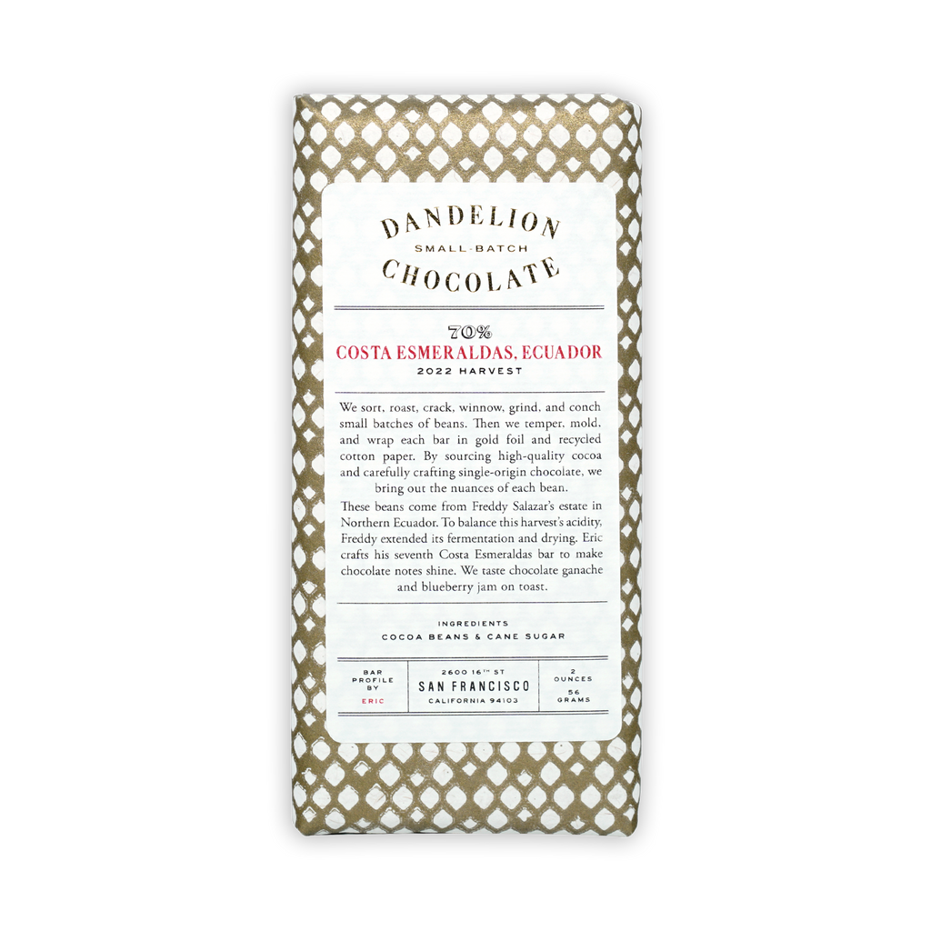 Dandelion Costa Esmeraldas Ecuador 70% chocolate bar wrapped in gold paper