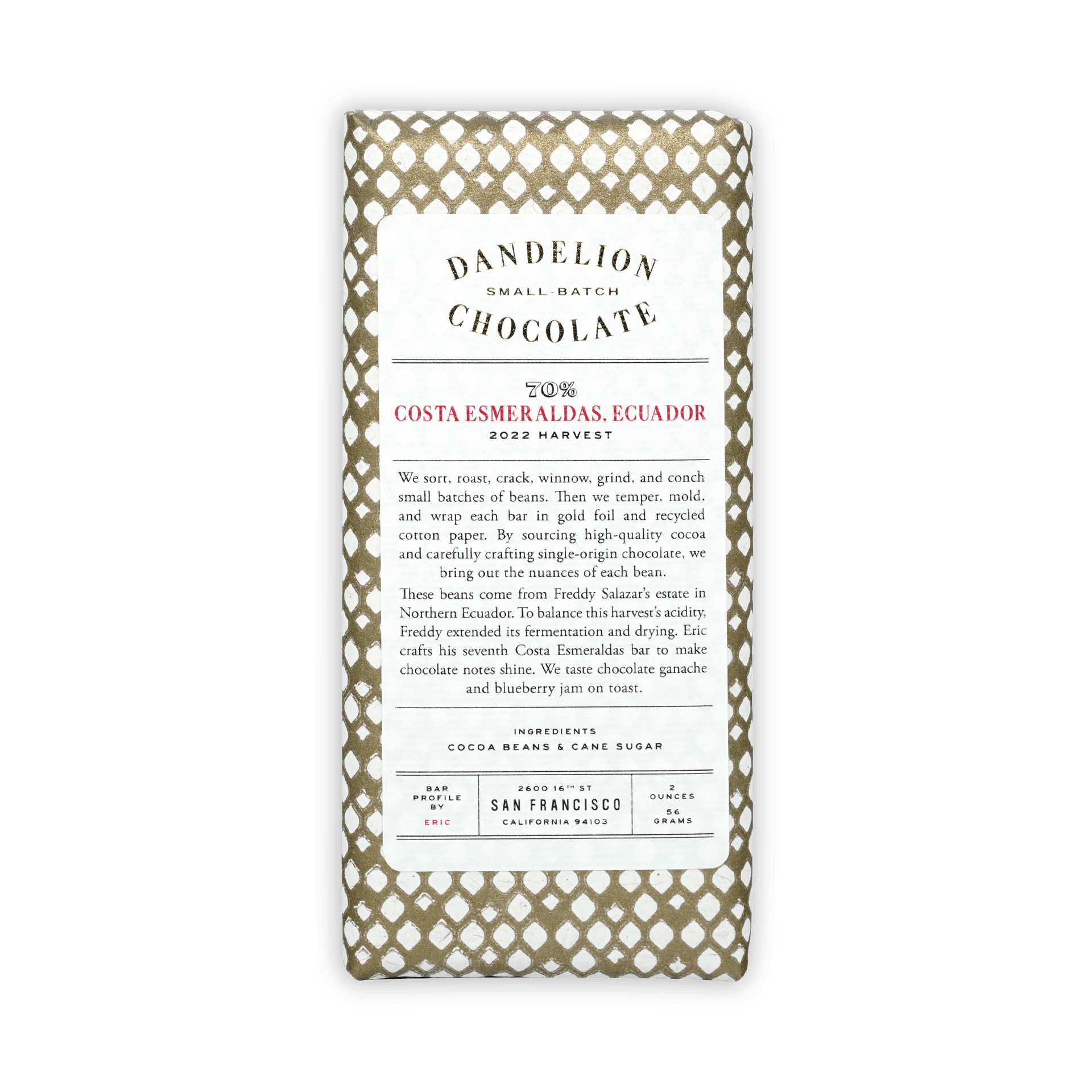 Dandelion Costa Esmeraldas Ecuador 70% chocolate bar wrapped in gold paper