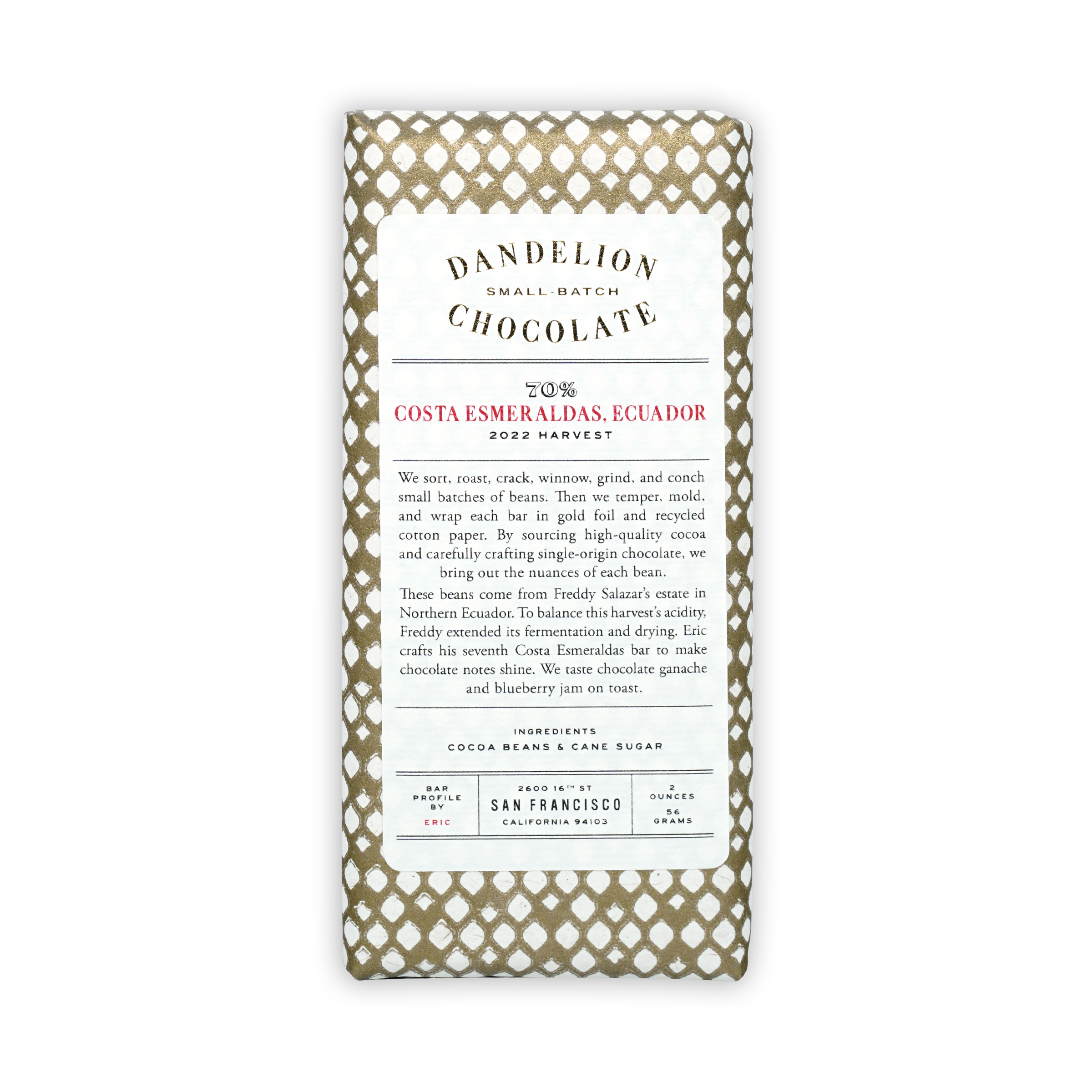 Dandelion Costa Esmeraldas Ecuador 70% chocolate bar wrapped in gold paper