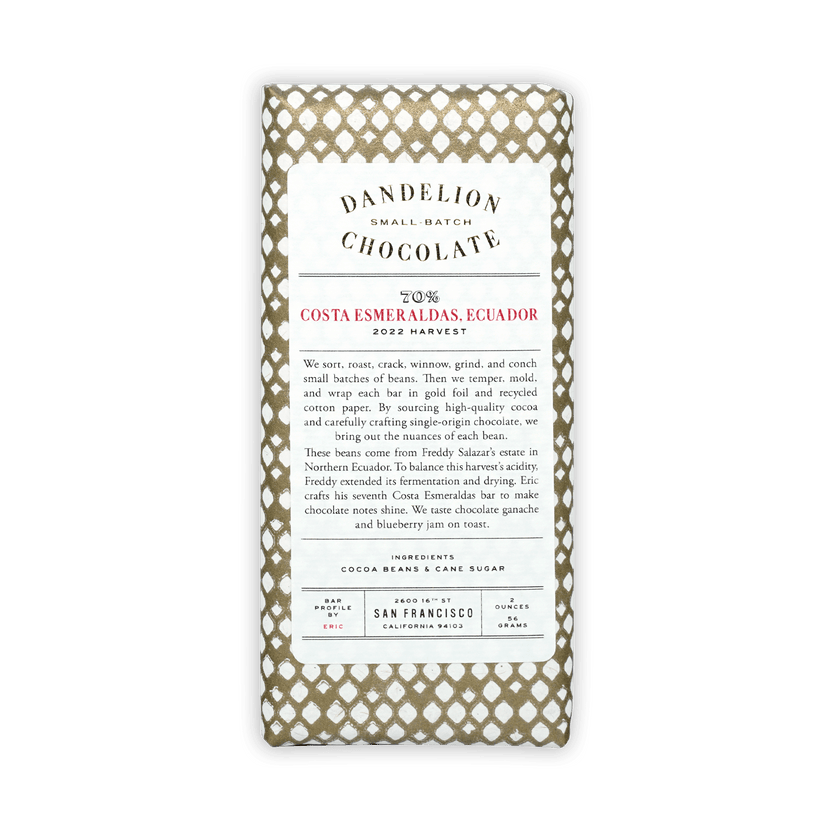 Dandelion Costa Esmeraldas Ecuador 70% chocolate bar wrapped in gold paper
