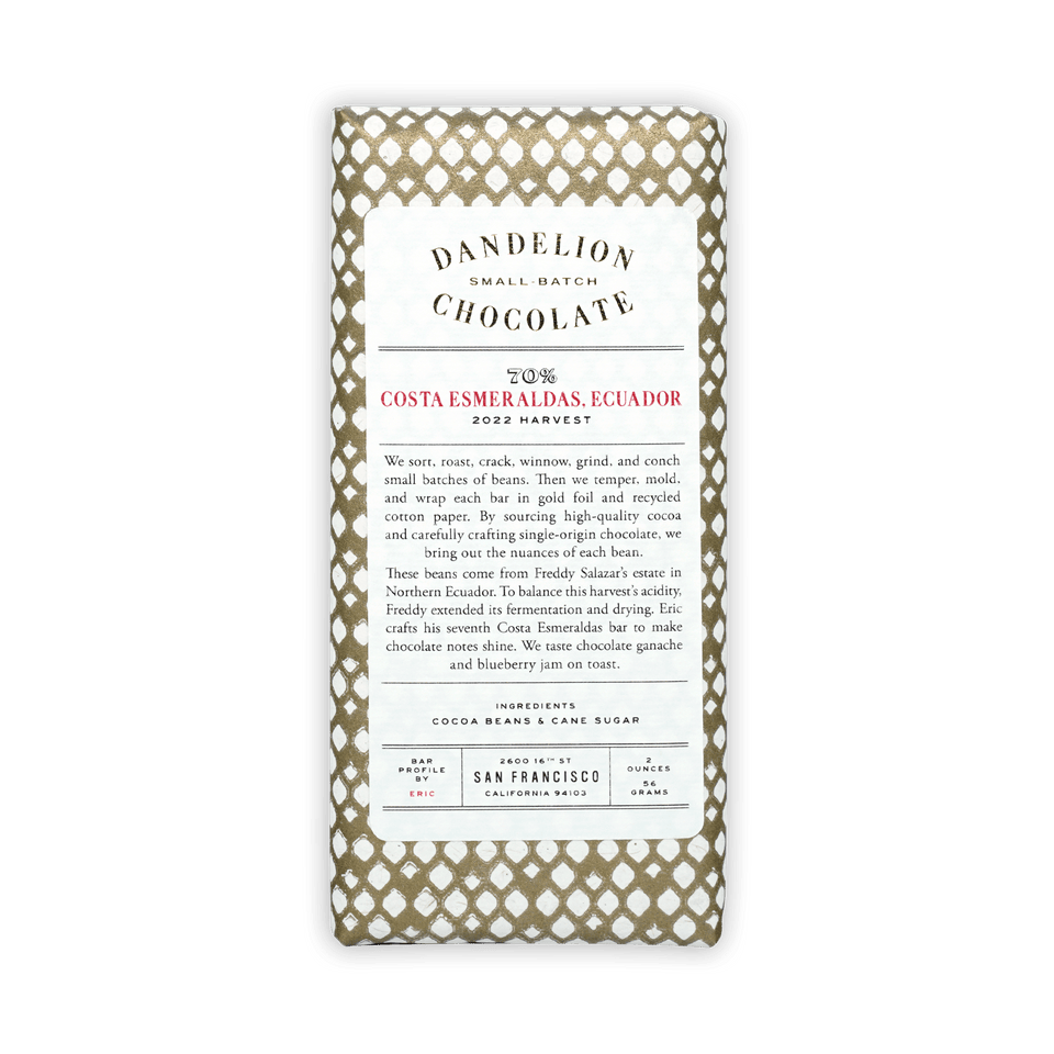 Dandelion Costa Esmeraldas Ecuador 70% chocolate bar wrapped in gold paper